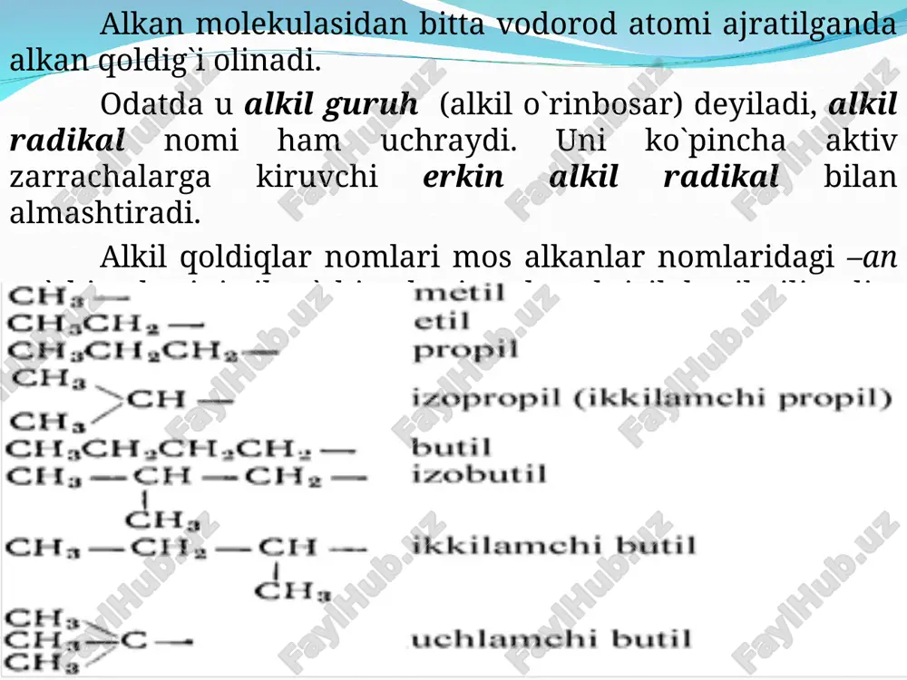 d yuboriladi (f. bergius, 1925 y). bu usul ko`pincha ko`mirni siqish usuli deyiladi. natijada turli alkanlar va sikloalkanlar aralashmasi olinadi va ular motor yoqilg`isi sifatida ishlatiladi. 3. fisher – tropsh usuli. co2 va co ni katalitik gidrogenlash metan beradi. katalizator sifatida nikel ishlatiladi (p. sabatg`e, i. sanderan, 1902 y): co ni katalitik gidrogenlash katalizator va haroratga bog`liq holda turlicha borishi mumkin. kobalt va temir tutgan katalizator ishtirokida 180-300oc da co va h2 aralashmasi alkanlar hosil qilib ta`sirlashadi. asosan tarmoqlanmagan va past molekulyar massali alkanlar hosil bo`ladi (f. fisher, x. tropsh, 1913-1926 y): keyingi yillarda bu usul takomillashdi: katalizator, reaksiya harorati va bosimi o`zgartirildi (f. fisher, x. pixler, 1936-1941 y). hozirgi kunda fisher-tropsh usulida ham motor yoqilg`isi, ham ayrim uglevodorodlar (alkanlar, sikloalkanlar, arenlar) olinishi mumkin. reaksiya mexanizmi murakkab. reaksiya asosida co ni katalizator sirtiga sorbtsiyasi yotadi, bunda sirtda kobalt karbonillari hosil bo`ladi. vodorod sorbtsiyalangan uglerod oksidiga birikib, katalizator sirti bilan bog`langan …