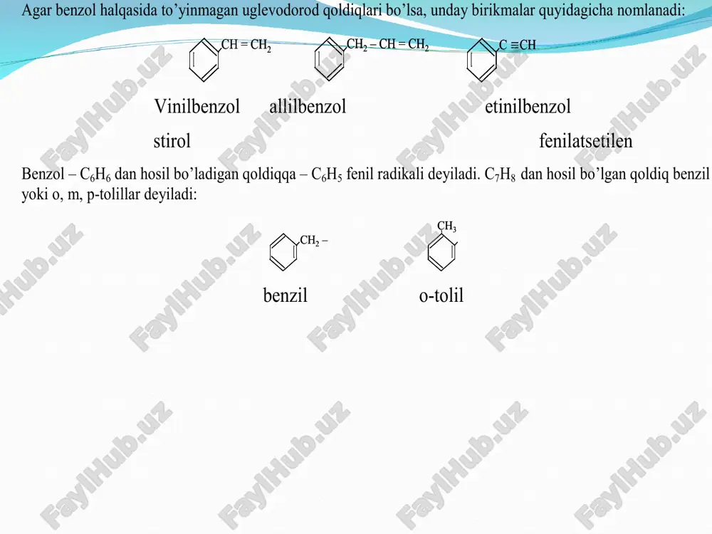 ropil 5-propilbenzol benzol, simol izopropilbenzol 1,3,5-trimetilbenzol kumol mezitilen sn 3 –sn–sn 3 sn 3 sn 3 n 3 s sn 3 –sn–sn 3 sn 3 –sn–sn 3 sn 3 sn 3 n 3 s sn 3 sn 3 n 3 s agar benzol halqasida to’yinmagan uglevodorod qoldiqlari bo’lsa, unday birikmalar quyidagicha nomlanadi: sn= sn 2 sn 2 –sn= sn 2 ssn sn= sn 2 sn 2 –sn= sn 2 ssn vinilbenzol allilbenzol etinilbenzol stirol fenilatsetilen benzol – c 6 h 6 dan hosil bo’ladigan qoldiqqa – c 6 h 5 fenil radikali deyiladi. c 7 h 8 dan hosil bo’lgan qoldiq benzil yoki o, m, p-tolillar deyiladi: sn 2 – sn 3 sn 2 – sn 3 benzil o-tolil bu reaksiyaning mexanizmini o’rganish uc hun juda ko’p ishlar amalga oshirilgan. bunda reaksiya ta’sir etuvchi reagentlarni katalizatorlar bilan oraliq kompleks hosil qilishi orqali o’tishi aniqlanilgan. aromatik uglevodorodlar olishning yana bir necha …