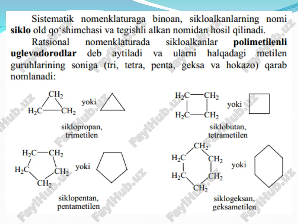 ning ichki burchagi (108 o ) tetraedrikka yaqin. ammo siklopentan molekulasida barcha uglerod atomlari bir tekislikda yotmaydi. vodorod atomlari orasidagi itarilish kuchi hisobiga ikkita uglerod atomi sikl tekisligidan siljigan bo`ladi. siklopentanda uglerod atomlarini ma`lum joyi yo`q bo`lib, ular doimo to`lqinsimon harakatda – mavhum burilish –bo`ladi: siklogeksan. yassi siklli oltiburchak uchun ichki burchak 120 o bo`lib, u tetraedrikdan katta. molekulada barcha uglerod atomlari bir tekislikda yotmaydi, buning natijasida ichki burchaklar va yaqin joylashgan vodorod atomlarini itarilishi kamayadi. siklogeksanni bir nechta fazoviy shakllari mavjud: eng barqarori «kreslo» konformatsiyasi hisoblanadi. s huningdek, «noto`g`ri vanna» yoki tvist - konformatsiya ham mavjud bo`lib, u «vanna»ga nisbatan beqaror. «kreslo» konformatsiyasidagi siklogeksanda bir – biridan fazoviy joylashishi bilan farq qiladigan ikki tur vodorod atomlari mavjud bo`ladi: h a (aksial holat) va h e (ekvatorial holat): monoalmashingan siklogeksanlar uchun «kreslo» shaklidagi ikkita konformer bo`ladi (yana bir nechta «vanna» shaklida): aksial va ekvatorial konformerlarni bir – biriga o`tishi sikl …