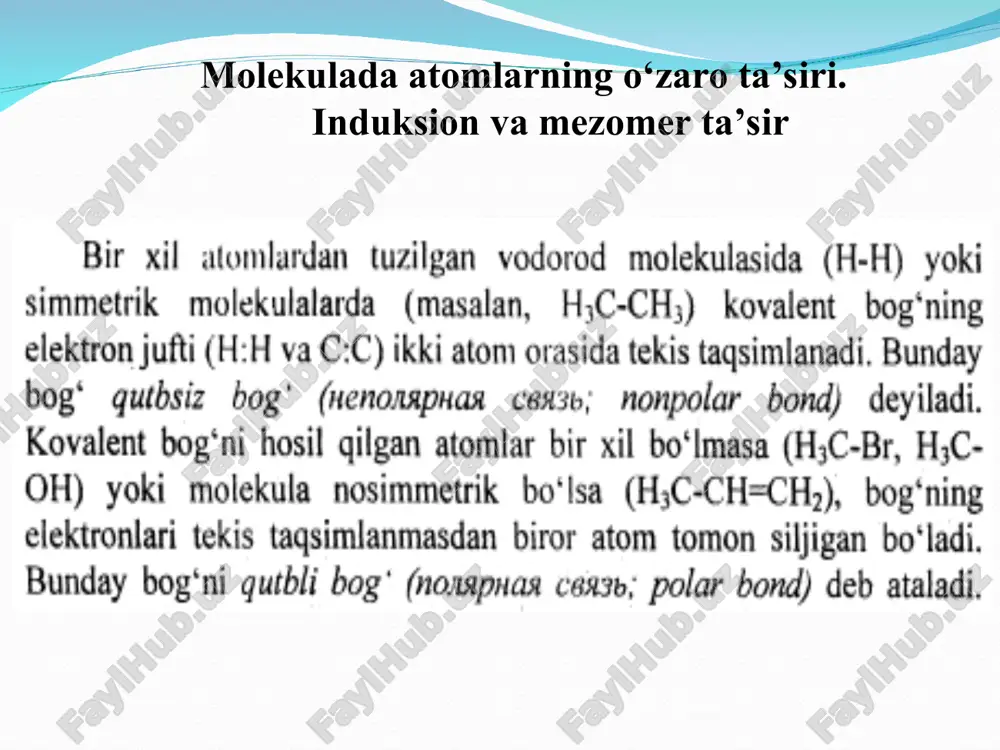 2‹ c2ch‹ c3c bundan spirtlarning kislotaligi quyidagicha bo’ladi: c3c-oh› c2c-oh› c-c-oh› c-oh› h2o alkil guruhining ta’siri spirt guruhining +j ta’siri spirt kislotaligini kamaytirishi kerak edi. bu esa qiyidagicha tushuntiriladi: alkil guruhlarining kation va anionlarning barqarorligiga ta’siri, gaz fazada avvalo ularning qutublanuvchanligiga bog’liq, eritmada esa qo’shimcha faktor- solvatlanishning qiyinlashuvi yuz beradi. uglerod atomi sp2 ayniqsa sp holatida bo’lsa, uning elektromanfiyligi keskin oshadi, ya’ni ch2=ch- va hc≡c- larning –j ta’siri namoyon qiladi. buni quyidagidan ko’rish mumkin: molekulada qutblanish ta’sirining uzatilishi. o’rinbosarlarning ta’siri zanjirning uzayishi bilan tez so’nib boradi va γ-holatda uning ta’siri juda oz bo’ladi. buni quyidagi xlorlalmashgan kislotalar dissotsiatsiya konstantalarini solishtirish orqali bilish mumkin: xuddi shu xulosani α-almashgan propan yamr-spektri kimyoviy siljish kattaligini solishtirish orqali qilish mumkin. yamr spektr ma’lumotlari zanjir bo’ylab uglerod atomlari zaryadlanishining kamayib borish suratini bilishga imkon beradi. eng kuchli ta’sirni atomga bevosita birikkan o’rinbosar berar ekan. yaqin masofada induktiv ta’sir va fazoviy effekt birgalikda ta’sir qiladi va …