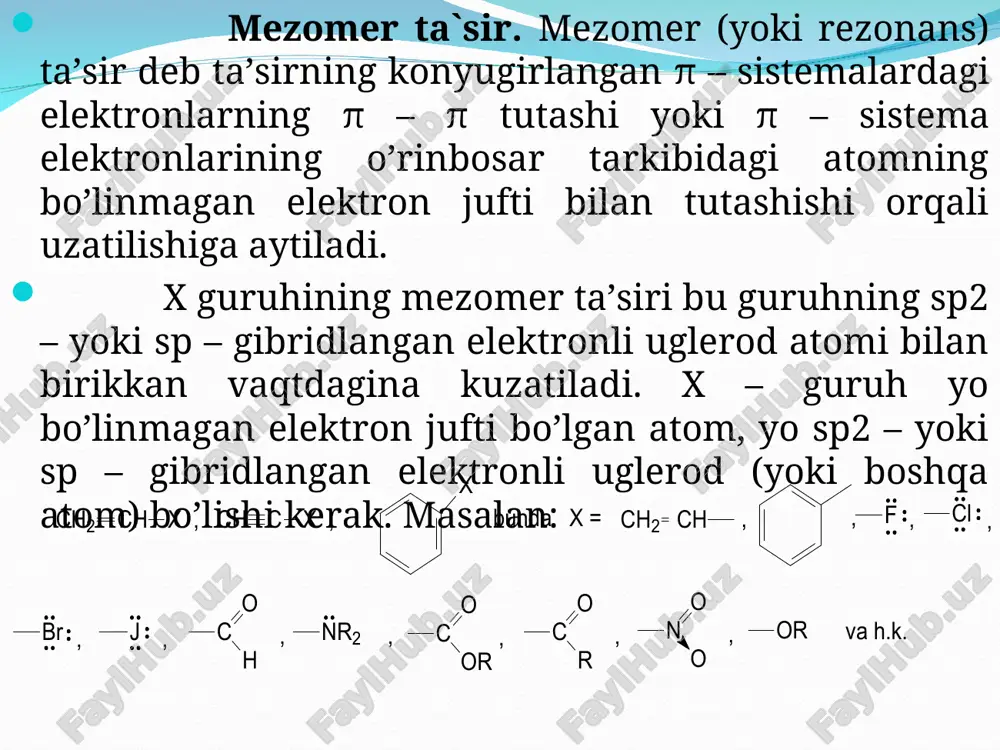 ariga ta’sir qilmaydi. mezomeriya va fazoviy ta’sir fazoviy qarshilik tufayli ta’sir qiluvchi mezomer ta’sir kamayadi., chunki elektronlarning tutashish tekisliklari ( koplanarligi ) o’zgaradi. bu esa molekulaning qutublaniushiga va boshqa fizik va kimyoviy xossalariga o’z ta’sirini ko’rsatadi. maslan, nitrobenzol va dimetilanilin xosilalarining dipol momentlari quyidagi qatorda kamayib boradi: 3,95 d 3,64 d 1,58 d 1,03 d koplanarlikning buzilishi fazoviy qarshilik tufayli c – x bog’i atrofida burilish bilan sodir bo’ladi. x = -n(ch3)2, -och3 va – no2 bo’lganda birikmalaridagi bunday burilish mos ravishta 650, 490 va 540 ni tashkil etadi.bunday burilish natijasida mezomer burilish 58%, 35% va 41% ga kamayadi. burilishning rentgenostruktura analizi hamda ub – spektrlar tasdiqlaydi. mezomeriya va reaksion markazning ko’chishi molekulada atomlar yoki atom guruhlarining bir – biriga mezomer ta’siri tufayli reaksiyaga kirishayotgan molekula tarkibidagi faol reaksion markazning ko’chishi sodir bo’ladi. boshqacha aytganda reaksiyaga kirishishi kerak bo’lgan markaz mezomeriya tufayli, reaksiga kirishmay, molekulaning boshqa qismida reaksion markaz hosil …