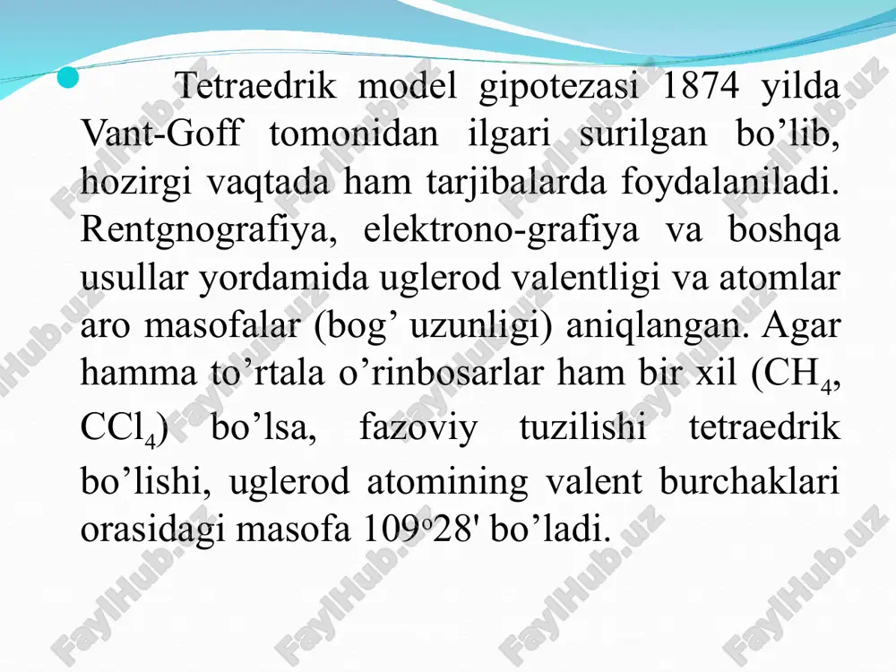 tlabki izomerning antipodi, juft sondagisida esa dastlabki izomer hosil bo‘ladi. sut kislota uchun tetraedrik hamda fisherning proyeksion formulalari quyidagicha yoziladi: 3.vant-goffning tetraedrik nazariyasi. le-bellning stereokimyoviy nazariyasi. le-bell va vant-gogglar pasterning ilgari surgan takliflari asosida uni rivojlantirib, sut kislotalari orasidgi asosiy farq atomlarni fazoda turli joylashishi hisobiga kelib chiqishini taklif qilishdi. * * * bitta asimmetrnk uglerod atomiga ega bo‘lgan birikmalar birikmaning optik faolligiga sabab bo‘ladigan xirallik yuzaga kelish sharoitlarini ko’rib chiqamiz. optik faollikning umumiy sharti bu molekulaning simmetriya elementlariga ega bo‘lmasligidir. tarkibida bitta asimmetrik s atomiga ega bo’lgan butanol-2 bir-birining ko‘zgudagi aksi bo‘lgan ikkita tuzilish formulasiga ega. bu molekulalar qutblangan nur tekisligini qarama-qarshi tomonga burishi bilan farq qiladi. moddaning fizikaviy va kimyoviy xossalari bog‘ energiyalari va atomlararo masofalar kabi kattaliklarga bog’liq. organik birikmalarga tuzilish izomeriyadan tashqari fazoviy izomeriya (stereoizomeriya) ham xos. stereoizomerlar - bir xil tuzilishga ega birikmalar, ya’ni atomlarning bog‘lanish tartibi bir xil, lekin fazodagi joylashishi har xil birikmalardir. …