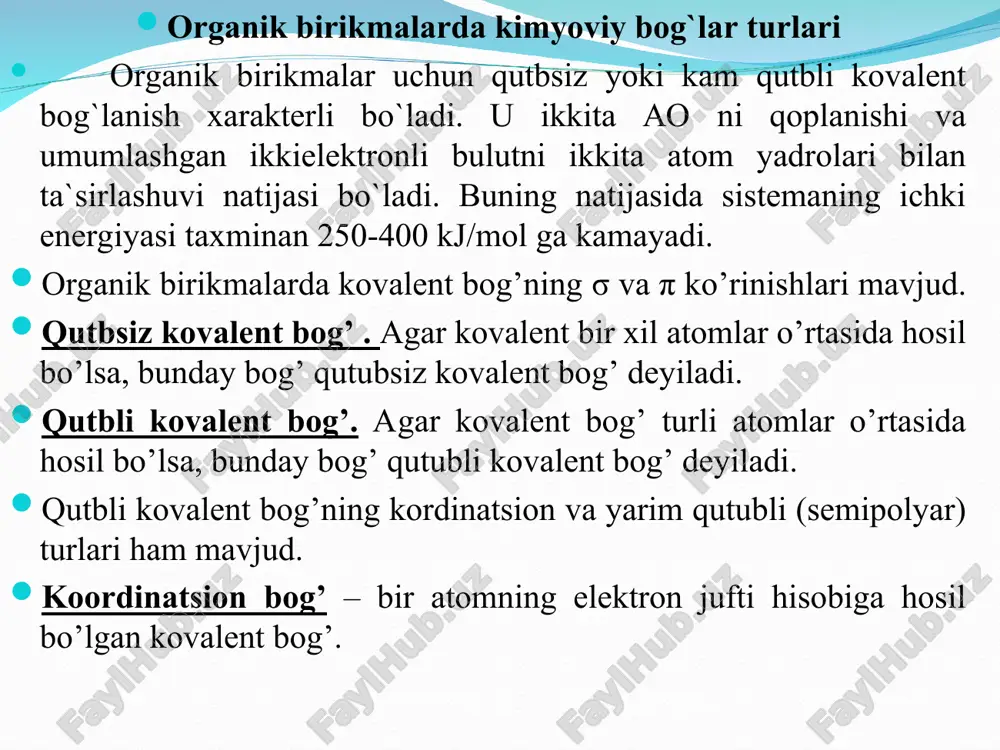 ortishishi natijasida hosil bo’ladigan bog’dir. ionlanish energiyasi – neytral atomdan bitta elektronni tortib olishga ketgan energiya ionlanish energiyasi deyiladi. elektronga moyillik. neytral atomga bitta elektronning birikishi natijasida ajralib chiqqan energiya elektronga moyillik deyiladi. elektromanfiylik – molekuladagi atomning bog’ elektronlarini o’ziga tortish xususiyatidir. element atomining elektromanfiyligi elementlarning davriy sistemasida davrlarda chapdan o’ngga, gruppalarda pastdan yuqoriga qarab ortib boradi. vodorod bog’ – bir molekuladagi elektromanfiyligi katta bo’lgan azot, kislorod, ftor elementlari bilan bevosita qutbli kovalent bog’ hosil qilgan vodorod atomining ikkinchi molekuladagi azot, kislorod va ftor atomlari bilan hosil qilgan kuchsiz bog’i. molekulalararo va ichkimolekulyar vodorod bog'lar mavjud. molekulalararo vodorod bog' ichki molekulyar vodorod bog' alkenlar yoki karbonil guruhdagi qo`sh bog` bilan bog`langan uglerod atomi sp2-gibridlanish holatida trigonal konfiguratsiyaga ega bo`ladi. bu holatda gibrid orbitallar va keyinchalik σ-bog` hosil bo`lishida bitta s va ikkita p-elektronlar qatnashadi. bu bog`lar tekislikda 120o burchak ostida joylashgan (3-rasm). gibridlanmagan p-elektron qo`shni atomni p-elektroni bilan yon (lateral) …
