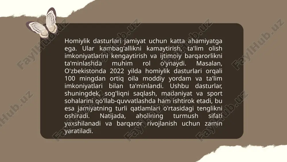 dan biridir. dunyoda homiylik bozori yildan-yilga 4-6% o'sib, 2022 yilda 66 milliard dollar atrofida bo'lgan. o'zbekistonda esa bu orqali sport, madaniyat va ijtimoiy loyihalarga katta moliyaviy ko'mak ko'rsatiladi. statistikaga ko'ra, kompaniyalar homiylik orqali brend taniqliligini 70% ga oshirishi mumkin. shuningdek, mahalliy tadbirkorlar uchun homiylik orqali xalqaro bozorlarga chiqish imkoniyati ham mavjud. shu sababli, tijorat homiyliklarining to'g'ri strategiyasi korxonalar uchun katta iqtisodiy foyda keltirishi mumkin. madaniy tadbirlar tashkil etish va ularni moliyalashtirish manbalari: madaniy tadbirlarni samarali tashkil etishni budjetlashtirish va homiylik dasturlarini ishlab chiqish muzaffarova nilufar e'tiboringiz uchun rahmat! image1.png image2.png image3.png image4.png