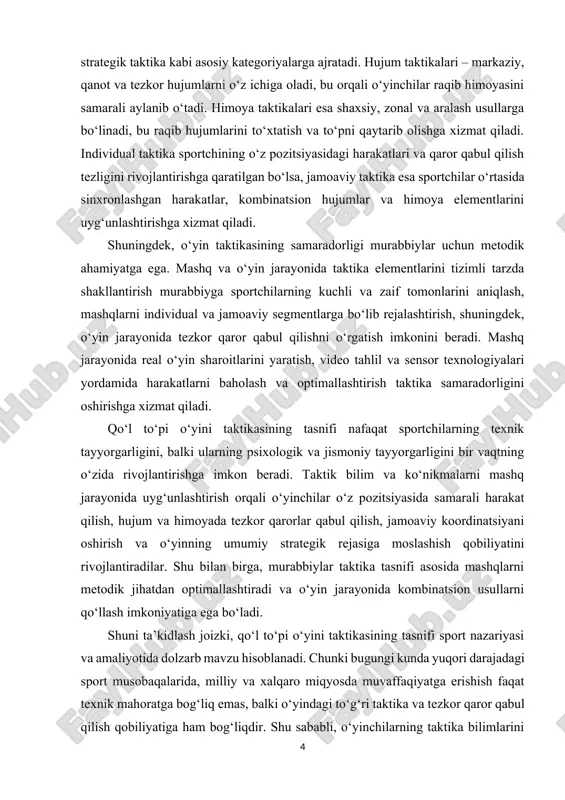 lishi murabbiylarga mashqlarni optimallashtirish va o‘yinning strategik rejasini amalga oshirish imkonini beradi. xulosa qilib aytganda, qo‘l to‘pi o‘yini taktikasining tasnifi sportchilar va murabbiylar uchun jismoniy, texnik va psixologik tayyorgarlikni birlashtiruvchi asosiy ilmiy-amaliy yo‘nalish hisoblanadi. ushbu mavzu bo‘yicha o‘rganilgan nazariy va amaliy materiallar sport mashqlari va o‘yin jarayonini takomillashtirish, o‘yinda yuqori natijalarga erishish hamda sportchilarning har tomonlama rivojlanishiga xizmat qiladi. qo‘l to‘pi o‘yini nafaqat jismoniy tayyorgarlikni, balki tezkor qaror qabul qilish, jamoaviy koordinatsiya va strategik tafakkurni rivojlantiruvchi sport turi sifatida katta ahamiyatga ega. o‘yin davomida sportchi o‘z pozitsiyasida texnik harakatlarni mukammal bajarishi bilan bir qatorda hujum va himoya fazalarida to‘g‘ri taktika tanlashi zarur. shu sababli, qo‘l to‘pi o‘yini taktikasining tasnifi, ya’ni turli taktika turlarini aniqlash, ularning o‘yin jarayonida qo‘llanilishi va samaradorligini baholash bugungi kunda sport fanida muhim ilmiy va amaliy masala hisoblanadi. hozirgi kunda qo‘l to‘pi jahon va mintaqaviy musobaqalarda keng tarqalgan va yuqori darajada professional sport turi sifatida rivojlanmoqda. shu …