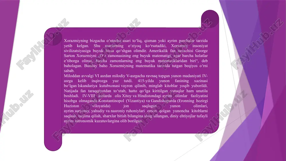 oidasi“ keltiriladi. kitobning navbatdagi ikki bobi algebradan masalalar toʻplami boʻlib, aljabr va muqobala amallari bilan yechiladigan murakkabroq misollarga, „oʻlchashlar haqida bob“i geometriyaga bagʻishlangan. unda shakllarning yuz va hajmlarini oʻlchash qoidalari, pifagor teoremasi va boshqa faktlar bayon qilingan. bu bob hajm jihatdan kichik boʻlsa ham, oʻsha davr amaliyoti uchun zarur boʻlgan maʼlumotlarni oʻz ichiga olgan. lekin muallif muqaddimada qayd etganidek, bu bobdan koʻzlangan asosiy maqsad geometriyani bayon qilish emas, balki algebra geometriyada ham qoʻllanishini namoyish qilish boʻlgan. masalan: uch tomoni berilgan uchburchakning balandligi algebra vositasida topilishi koʻrsatilgan. kitobning qolgan ikki qismi „vasiyatlar kitobi“ va „takdir aylanishlari hisobi haqida“ deb nomlanib, musulmon fikri boʻyicha, meros taqsimlashga oid masalalar algebra usullari bilan qanday hal etilishi koʻrsatilgan. shunday qilib, „aljabr valmuqobala hisobi haqida qisqacha kitob“ algebra asoslari hamda algebrani amalda tatbiq etishga bagʻishlangan mukammal darslik boʻlgan. sivilizatsiya taraqqiyotida sonlar va arifmetik amallar qanday oʻrin tutishi ravshan, busiz jamiyat taraqqiyotini tasavvur qilib ham boʻlmaydi. bugun …