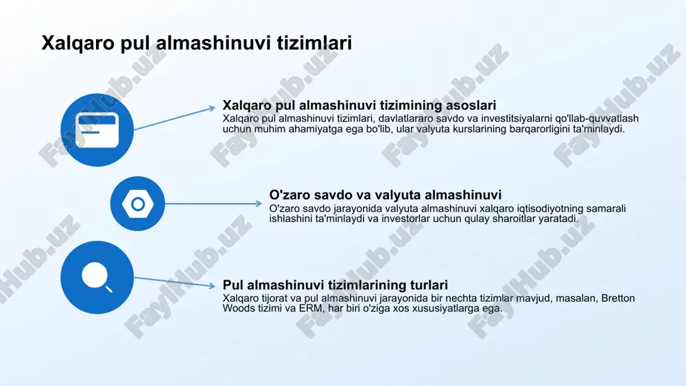 ya bozorlarida likvidlikni oshiradi va global iqtisodiy integratsiyani rag‘batlantiradi. shu bilan birga, u davlatlar orasidagi iqtisodiy hamkorlikni kuchaytiradi va iqtisodiy o‘sishni qo‘llab-quvvatlaydi. 13 xalqaro moliya bozorlarida raqobat 1 xalqaro moliya bozorlarining tahlili xalqaro moliya bozorlarida pulning jahon puli sifatida roli raqobatning kuchayishiga olib keladi. bu jarayonda global iqtisodiy integratsiya muhim ahamiyatga ega. 2 raqobat va moliya muvofiqligi xalqaro moliya bozorlaridagi raqobat, moliya muvofiqligini ta'minlashda muhim rol o'ynaydi. bu, o'z navbatida, investitsiyalarni jalb etish uchun sharoit yaratadi. 3 moliyaviy strategiyalar va raqobat xalqaro moliya bozorlarida muvaffaqiyatli raqobat qilish uchun moliyaviy strategiyalarni ishlab chiqish zarur. ushbu strategiyalar pul va resurslarni samarali boshqarish imkonini beradi. 4 xalqaro savdo va raqobat xalqaro savdoda pulning roli raqobatbardosh ustunliklarni yaratishda muhim ahamiyatga ega. bu, ishlab chiqaruvchilar va iste'molchilar o'rtasida samarali aloqalar o'rnatadi. 14 pulning xalqaro savdodagi o'rni savdo operatsiyalarida pulning ta'siri pulning xalqaro savdodagi o'rni, savdo operatsiyalarini amalga oshirishda muhim ahamiyatga ega. bu, moliyaviy barqarorlikni ta'minlaydi. …