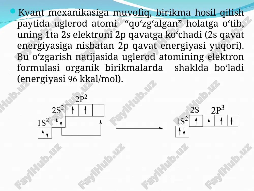 ega. gibrid orbitalda uni hosil qilgan dastlabki orbitailarning shakli ma'lum darajada saqlanib qoladi. ko‘rinishi va energiyasi biri-biridan farq qiluvchi (s va p) orbitallarning o‘zaro qo‘shilib ketib, energiyasi va ko‘rinishi bir xil bo‘lgan yangi elektron orbitallarning hosil bo‘lish hodisasi atom orbitallarining gibridlanishi deyiladi. gibridlanish natijasida hosil bo‘lgan orbitallar nosimmetrik — bir tomoni katta, ikkinchi tomoni kichik bo‘lib, gibrid orbital boshqa orbital bilan ana shu elektron bulut hajmi katta tomoni bilan qoplaydi. natijada maksimal qoplanish vujudga keladi. gibridlanishda nechta orbital ishtirok etsa, shuncha gibrid orbitallar hosil bo‘ladi. organik moddalarda gibridlanishning asosan quyidagi turlari ko‘p uchraydi: sp-gibridlanish, sp2-gibridlanish, sp3-gibridlanish ularning har biri to‘g‘risida to‘xtalib o‘tamiz. gibridlanish natijasida yadrolar o‘rtasida elektron bulut zichligi ortib, yuzaga keladigan bog‘ ham barqaror bo‘ladi. uglerodning bitta s- va uchta p- orbitallaridan to‘rtta gibrid orbitalning hosil bo‘lishi ko‘rsatilgan to‘rtta gibrid orbitallar tetraedr markazidan uning uchlari tomon yo‘nalgan holatda joylashadi. gibrid orbitallar va s-orbitaldan metan hosil bo‘lganda gibrid orbitallarning tetraedrik …
