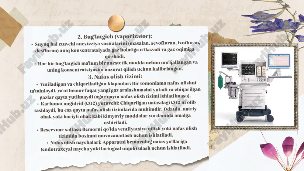 sxemasi. 3. yarim yopiq usul (kontur). nafas olish yarim ochiq usulda bo'lgani kabi apparatdan amalga oshiriladi va ekshalatsiya qisman apparatga va qisman operatsiya xonasining atmosferasiga kiradi. apparatga chiqarilgan aralashma adsorberdan o'tadi, u erda karbonat angidriddan ozod qilinadi, apparatning nafas olish tizimiga kiradi va hosil bo'lgan giyohvandlik aralashmasi bilan aralashib, yana bemorga kiradi. 4. yopiq usul (sxema) mos ravishda qurilmadan qurilmaga inhalatsiya va ekshalatsiyani ta'minlaydi. nafas olish va chiqarish gaz aralashmalari atrof-muhitdan butunlay ajratilgan. ekshalatsiyalangan gaz-narkotik aralashmasi, adsorberdagi karbonat angidriddan ozod bo'lgandan so'ng, yangi hosil bo'lgan giyohvandlik aralashmasi bilan birlashib, yana bemorga kiradi. ushbu turdagi behushlik sxemasi iqtisodiy va ekologik jihatdan qulaydir. kimyoviy absorber o'z vaqtida o'zgartirilmasa yoki sifatsiz bo'lsa (absorber 40 daqiqadan 1 soatgacha ishlagandan keyin almashtirilishi kerak) uning kamchiligi bemor uchun giperkapniya xavfi hisoblanadi. thank you image9.png image10.png image1.jpeg image2.jpeg image3.jpeg image4.jpeg image5.png image6.png image7.png image8.png image11.png image12.png image13.png image14.png image18.png image19.png image15.png image16.png image17.png image20.png image21.png image22.png image23.png …