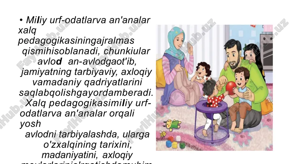 lanadiva yoshlarjamiyatdao'zo'rnini topishgatayyorbo'ladilar. oilavajamiyatbirgalikdayoshlarni tog''riaxloqiy qarorlar qabulqilishga, o'zlarinivaatrofdagilarni hurmat qilishga, hamdajamiyatdamas'uliyatli fuqarolarbo'lishgao'rgatadi. oilavajamiyatbir-birini to'ldiruvchi tizim sifatida qadriyatlarnishaklantirishdaasosiyo'rin tutadi. oila yoshlarni tarbiyalashda boshlang'ichva mustahkamlovchiroloy'nasa, jamiyatularning ijtimoiy vamadaniyrivojlanishini qo'llab-quvvatlaydi. bujarayonlarbirgalikdaamalgaoshirilganda, yoshlarsog'lom, axloqiy vama'naviy jihatdan to'liq shaklangan shaxslarbo'libos'adilar. marosimlarva ularning tarbiyaviy ta’siri marosimlar, xalqning urf- odatlari vaan'analaribilan chambarchasbog'liqbo'lib, bo' ' , an, asos a ega lar irg sim ta s i bi lad tar jamiyatning muhim voqealarininishonlash, qadriyatlarni yoshavlodga b , k, e i i shuningd vazifasin insonlarn i ula htiris ish v rad rlas kaz tarbiyaviy, axloqiy va estetik jihatdan insonni shaklantiradi. marosimlarning tarbiyaviyta'siriquyidagi jihatlarda korinadi: 1. axloqiy tarbiya: marosimlar, ayniqsa, oilaa'zolariva jamiyatningboshqaa'zolaribilanbirgalikdabajarilganda, yoshlarni axloqiy qadriyatlar, hurmat, mehr-oqibat, hamkorlik vaboshqalarni qadrlashgao'rgatadi. masalan, toy', nikoh, tug'ilgankunkabi marosimlar, kata vakichiknihurmat qilishni, oilaa'zolariga et'iborberishnio'rgatadi. 2. madaniyatva urf-odatlarnisaqlash: marosimlar orqali xalqning madaniy merosi, tarixiy qadriyatlariva urf-odatlari yoshavlodgaot'kaziladi. bu orqali yoshlaro'z miliy identitetini anglab,jamiyatning qadriyatlarini qadrlashnio'rganadilar. 3. jamoaviylikvabirlashish: marosimlarko'pinchaka tajamoa yig'ilishlarisifatida ot'kaziladi, bu esa odamlarnibirlashtiradi. bunday holatlaryoshlarnijamiyatga …