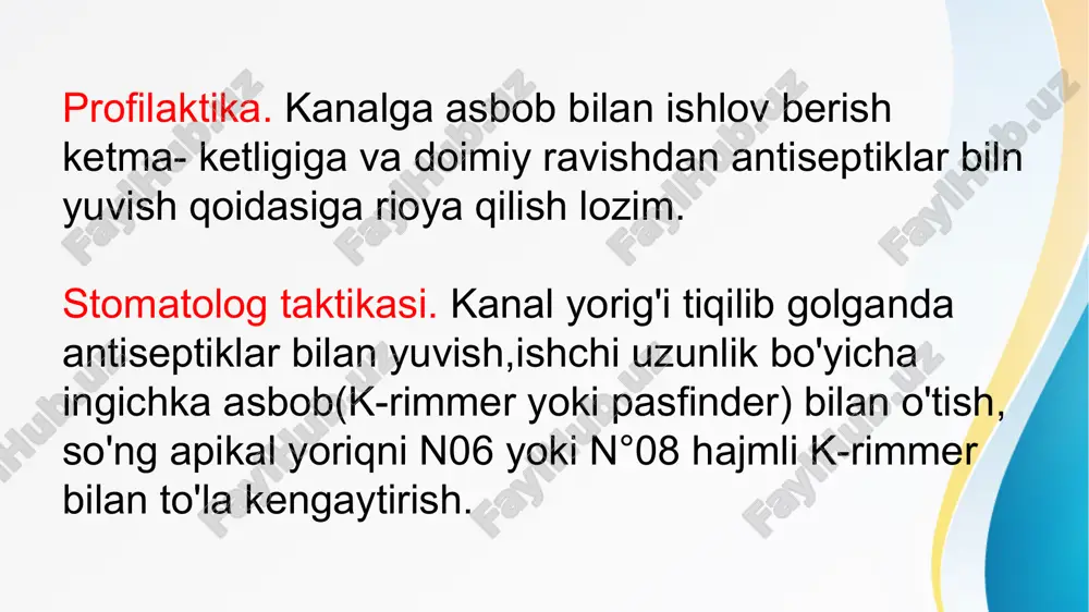 ish uchun maxsus gellardan foydalanish; 4) sifatsiz, ishga yaroqsiz bo'lgan asboblarni ishlatmaslik bu kriteriyaga kiradi: asbobning plastik deformaciyasi; ortiqcha egilgan va buralib ketgan asboblar; asbob kesuv qirrasining zararlanganligi; iso bo'yicha nel0 hajmli va undan kichik pulpaekstraktorlar va asboblar bir marotaba foydalangandan so'ng tashlanib yuboriladi. ledging - kanal devorida ariqchaning hosil qilinishi. kanal devorida ariqchaning qiyinlashadi. bunday holat kanalga etarlicha egilmagan asbobni kiritilishi va kanal ishchi uzunligi kuzatib turilmaganda yuzaga keladi. e'tiboringiz uchun raxmat !!! image2.jpeg image3.jpeg image4.jpeg image5.jpeg image6.jpeg image7.jpeg image8.jpeg image9.jpeg image10.jpeg image11.jpeg image12.jpeg image13.jpeg image14.png image1.jpeg /docprops/thumbnail.jpeg