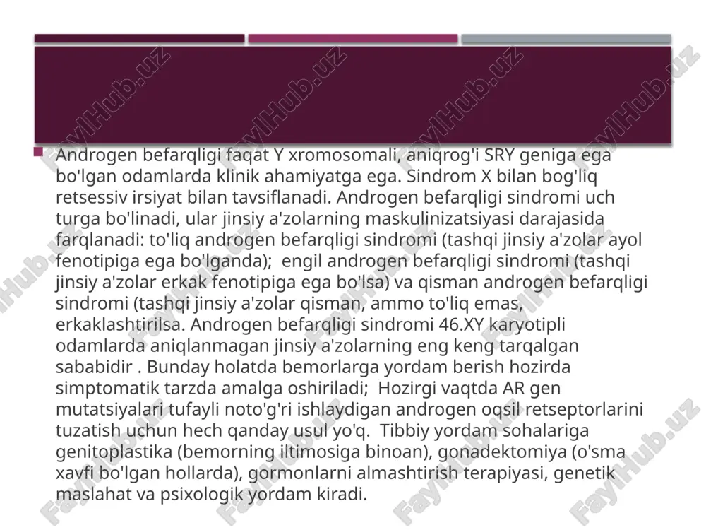 i aniqlashning yagona yo'li barr tanasi yoki y xromosomasini izlashdir. jinsiy bezlar dastlab genital tuberkuly deb ataladigan to'qimalarning bo'rtiqlaridir. beshinchi haftada genital tuberkulyar befarq jinsiy bezlarga aylanadi oltinchi haftaga kelib, befarq jinsiy bezlar genetik jinsga qarab farqlana boshlaydi. agar karyotip 46,xy bo'lsa, moyaklar y xromosomasining sry genining ta'siri tufayli rivojlanadi . bu jarayon androgen yoki funktsional androgen retseptorlari mavjudligini talab qilmaydi rivojlanishning ettinchi haftasiga qadar embrionda ikki juft kanaldan iborat bo'lgan befarq kanallar mavjud: myullerian va wolffian . taxminan bu vaqtda moyaklardagi sertoli hujayralari myuller kanallarining rivojlanishiga to'sqinlik qilish va ularning degeneratsiyasiga olib keladigan anti-myuller gormonini chiqaradi . agar bu sodir bo'lmasa, myuller kanallari ayol jinsiy a'zolariga (bachadon, bachadon bo'yni, bachadon naychalari va yuqori vagina) aylanadi myuller kanallaridan farqli o'laroq, volf kanallari sukut bo'yicha rivojlanmaydi. testosteron va funktsional androgen retseptorlari mavjud bo'lganda, wolf kanallari epididimis, vas deferens va urug' pufakchalariga aylanadi. agar moyaklar testosteronni ajrata olmasa yoki androgen retseptorlari to'g'ri …