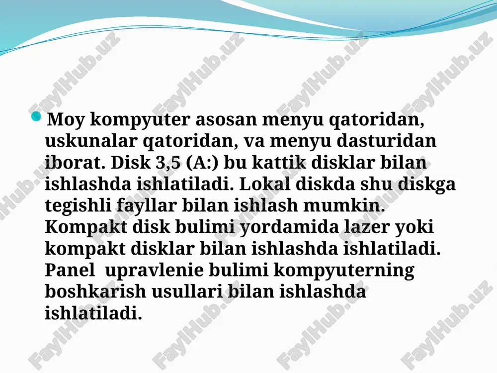 okchi bulsangiz, k xolda, shu programmaning ma`lumot olish tizimiga murojaat etishni tavsiya kilamiz. xujjatlar bilan ishlaganda tekstlarni ba`zi qismlarini bir joydan boshka joyga, yoki bir punktdan boshka punktga utkazish muammolariga duch kelamiz. bundan tashkari, ba`zan xujjatning bir qismini umuman olib tanlashga xam (uchirib tanlashga) tugri keladi. windows 2000 da xujjatlar bilan ishlash, eng avvalo, xujjatning ma`lum bir qismini ajratishdan boshlanadi, xar kanday komanda xujjatini ajratilgan qismi ustida bajariladi. xujjatlarni tez kidirib topish. xujjatlarni tez kidirib topish uchun va kerakli papkani ochish uchun «nayti» komandasidan foydalanish kerak. buning uchun: «pusk» tugmachasini bosing. «nayti» menyusidagi «faylu i papki» (fayllar va papkalar) komandasini tanlang. «imya» deb yozilgan joyga kidirilayotgan papka yoki faylning nomini yozing. qidirilayotgan soxani kursatish uchun «papka» ruyxatini oching yoki «obzor» knopkasini bosing. qidirishni boshlash uchun «nayti» (topilsin) tugmachasini bosing. vupolnit » komandasi yordamida programmani ishga tushirish. agar, foydalanuvchiga programmaning nomi va uning kaysi papkada joylashganliga, ya`ni boshkacha kilib aytganda, bu …