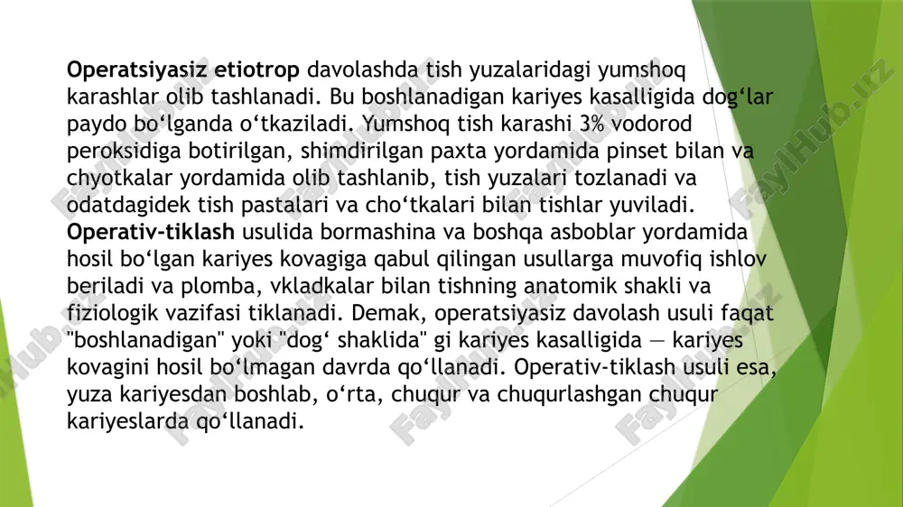 oq kukun shaklida chiqariladi, undan 1—3% li eritmalar tayyorlanadi. emal to‘qimasi ektodermal kelib chiqadigan to‘qimalardan biri bo‘lib, u oxaklanadi, unda qon tomir va asab tolalari hujayralar bo‘lmaydi. tish chiqquncha emal hosil bo‘ladi va oxaklanadi. shuning uchun, emal hayot davomida o‘smaydi. har xil sabablar zaminida emalda bo‘ladigan turli gipoplaziya o‘zgarishlari hayot davomida o‘zgarmaydi, shundayligicha qoladi. emal o‘z reseptorlari — sezgichlariga ega emas. emaldagi turli mexanik kimyoviy va xaroratiy ta’sirotlardan kelib chiqadigan sezgilar, og‘riqlar pulpa reseptorlari orqali yuzaga keladi. emaldan pulpaga keladigan reaksiyalar va tish to‘qimasi ichidagi suyuqlik xarakatining o‘zgarishi gidravlik xususiyatga ham bog‘liqdir. 5 8 emal qayta tiklanmaydi — unda regeniratsiya xususiyati yo‘q. shuning uchun emaldagi mexanik shikastlanishlar tiklanmaydi, bitmaydi. e.v.borovskiy, v.k.leontev emaldagi oq kariyes dog‘larning o‘zo‘zidan yo‘qolishi yoki ularning reminiralizatsiya chaqiradigan davolash usullari oqibatida yo‘qoladigan kariyes dog‘larini regeniratsiya — qayta tiklanish bilan emas, balki emalga kalsiy, fosfor va boshqa mineral komponentlarining o‘tishi, kirishi bilan tushintirish to‘g‘riligini ta’kidlaydilar. klinikada shunday hollar …