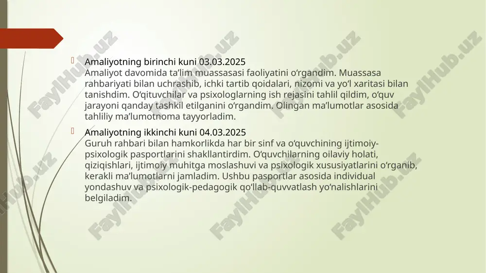 ligini oshirish va muloqot ko‘nikmalarini rivojlantirish bo‘yicha yo‘nalishlar belgilandi. amaliyotning o’ninchi kuni 14.03.2025 bugun maktabga borib, "zo‘ravonlik va kamsitishlarsiz sog‘lom shaxslararo munosabatlarni rivojlantirish" mavzusida suhbat o‘tkazdim.dastlab, o‘quvchilarga mehribonlik, hurmat va empatiya tushunchalari haqida tushuntirib berdim. so‘ng, ular bilan "mehribon bo‘lishni o‘rganing" mavzusida bahs-munozara tashkil qildik. o‘quvchilar hayotiy misollar asosida insonlarga mehribon bo‘lishning ahamiyati va uning jamiyatdagi o‘rni haqida fikr bildirishdi.shuningdek, empatiya darajasini aniqlash bo‘yicha psixologik test o‘tkazildi va natijalar tahlil qilindi. mashg‘ulot davomida o‘quvchilar o‘zaro hamjihatlik va tushunish muhimligi haqida chuqur fikrga ega bo‘lishdi. yakunda mehribonlik va insoniylikni targ‘ib qiluvchi tavsiyalar berildi. amaliyotning o’n birinchi kuni 15.03.2025 bugun maktab o‘qituvchilari bilan "stressga chidamliman" mavzusida trening mashg‘uloti o‘tkazdim.dastlab, stressning sabablari va uning inson salomatligiga ta’siri haqida qisqacha tushuntirish berdim. so‘ng, o‘qituvchilar bilan stressga chidamlilik darajasini aniqlash bo‘yicha psixologik test o‘tkazdik.trening davomida stressni kamaytirish usullari, samarali dam olish, hissiy barqarorlikni saqlash bo‘yicha muhokamalar olib borildi. ishtirokchilar turli amaliy mashqlar va nafas olish …