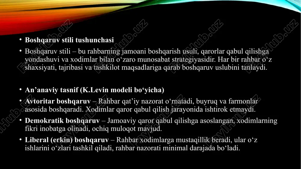 ali rahbar konflikt va bosim ostida muvozanatni saqlashi kerak. ✅ xodimlarning individual xususiyatlarini hisobga olish – har bir insonning psixologik tipi boshqaruv yondashuviga ta’sir qiladi. jamoa boshqaruvi – bu tashkilot ichida samarali jamoani shakllantirish, ularga yo‘nalish berish va umumiy maqsadlarga erishish jarayonidir. har bir jamoaning samaradorligi rahbarning boshqaruv uslubiga, muloqot madaniyatiga va motivatsiya tizimiga bog‘liq. ✅ jamoa boshqaruvi asoslari: jamoaning umumiy maqsadini aniq belgilash jamoa a’zolari o‘rtasida o‘zaro ishonch va hamkorlikni rivojlantirish mas’uliyat va vazifalarni to‘g‘ri taqsimlash ochiq va samarali muloqot tizimini yaratish xulosa: boshqarish jarayoni har qanday tashkilotning samarali faoliyat yuritishi va rivojlanishi uchun muhim omildir. samarali boshqaruv nafaqat aniq maqsadlarga yo‘naltirilgan strategik qarorlarni qabul qilishdan iborat, balki inson omili, jamoaviy munosabatlar va motivatsiya tizimiga ham bevosita bog‘liq. avvalo, boshqaruvning psixologik aspektlari rahbar va xodimlar o‘rtasidagi munosabatlar, muloqot usullari, motivatsiya tizimi va qaror qabul qilish jarayonlariga ta’sir ko‘rsatadi. yuqori darajadagi hissiy intellektga ega rahbarlar jamoani samarali boshqarib, har bir …