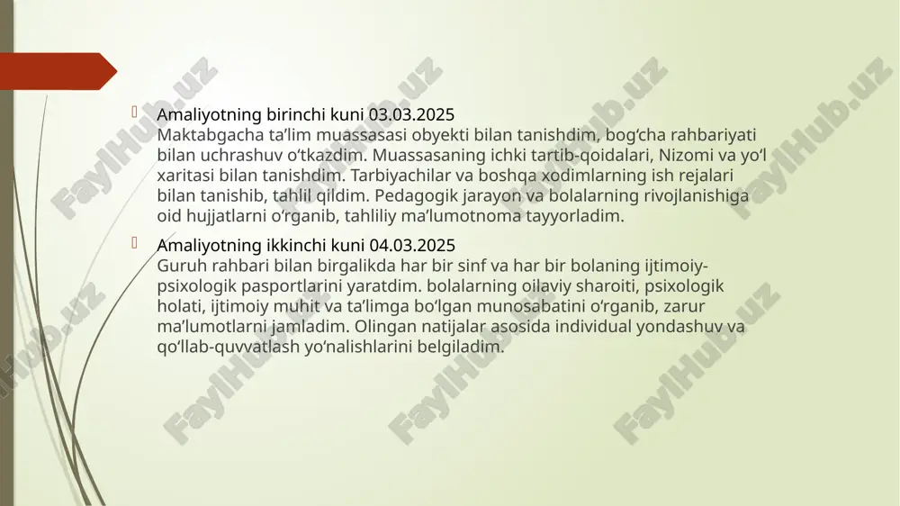 ng tanlash” metodikasibolalarga turli ranglarni tanlash imkoniyati beriladi. ularning tanlagan ranglari emotsional holatni aks ettirishi mumkin.2. “qanday kayfiyattasan?” mashqibolalar o‘z kayfiyatlarini rasm chizish yoki yuz ifodalari tasvirlangan kartochkalardan tanlash orqali ifodalashadi.3. “o‘yinchoq tanlash” diagnostikasiushbu metodika orqali bolalar stress yoki xavotirni qanday qabul qilishlarini baholash mumkin. amaliyotning o’ninchi kuni 14.03.2025 bugun bog’chaga borib, "zo‘ravonlik va kamsitishlarsiz sog‘lom shaxslararo munosabatlarni rivojlantirish" mavzusida suhbat o‘tkazdim.dastlab, bolalarga mehribonlik, hurmat va empatiya tushunchalari haqida tushuntirib berdim. so‘ng, ular bilan "mehribon bo‘lishni o‘rganing" mavzusida bahs-munozara tashkil qildik. bolalar hayotiy misollar asosida insonlarga mehribon bo‘lishning ahamiyati va uning jamiyatdagi o‘rni haqida fikr bildirishdi.shuningdek, empatiya darajasini aniqlash bo‘yicha psixologik test o‘tkazildi va natijalar tahlil qilindi. mashg‘ulot davomida obolalar o‘zaro hamjihatlik va tushunish muhimligi haqida chuqur fikrga ega bo‘lishdi. yakunda mehribonlik va insoniylikni targ‘ib qiluvchi tavsiyalar berildi. amaliyotning o’n birinchi kuni 15.03.2025 bugun bog’cha bolalari bilan "stressga chidamliman" mavzusida trening mashg‘uloti o‘tkazdim.dastlab, stressning sabablari va uning inson salomatligiga ta’siri …