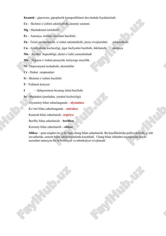 ch2)2cooh)2 - kalsiy glutaminat - tan jaroxati oqibatida kelib chiqqan epilepsiyani, tuberkulyoz, meningit, poliomielit va turli asab kasalliklarini davolashda ishlatiladi, kalsiy glitserofosfat - raxit kasalligini davolashda, kuchli toliqqanlik hollarida qo‘llaniladi. stronsiy ortiqchaligida stronsiyli raxit ftor yetishmovchiligida kariyes, ortiqchaligida – flyuoroz yod organizmda muhim vazifani bajaradi va qalqonsimon bezning normal ishlashini ta'minlash uchun zarurdir. yod bajaradigan almashtirib bo'lmaydigan funksiya qondagi patrul hujayralarini yaratishdir. ularning asosiy vazifasi hujayralarni begona jismlardan (mikroorganizmlar va nuqsonli hujayralar) tozalashdir. kobalt inson organizmida muhim vazifalarni bajaradi. u oshqozon osti bezining normal ishlashini ta'minlaydi va adrenalin darajasini tartibga solishda ham bevosita ishtirok etadi. kobalt marganes bilan birgalikda sochlarning holatiga ijobiy ta'sir ko'rsatadi - ular erta kulrang sochlarning oldini oladi va shu bilan ularning holatini yaxshilaydi. kobalt mikroelementi kasallikdan keyin tana hujayralarini qayta tiklashga yordam beradi. marganets. deyarli hamma a`zo va to‘qimalarda uchraydi, boshqa biogen d - elementlar singari qator fermentlar tarkibiga kiradi marganets qator vitaminlarning almashinuviga ta’sir etadi. …