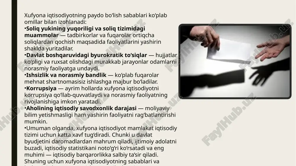 imlarida raqamlashtirish (onlayn nazorat-kassalar, elektron hisob-fakturalar, yagona soliq platformalari) joriy etilishi shaffoflikni oshiradi. soliq ma’murchiligining samaradorligini kuchaytirish xufyona faoliyatni kamaytirishga xizmat qiladi. 2. shaffoflik va hisobdorlikni kuchaytirish xufyona iqtisodiyot ko‘pincha korrupsiya bilan chambarchas bog‘liq. shuning uchun davlat boshqaruvida shaffoflikni ta’minlash muhim ahamiyatga ega. davlat xaridlari va tender jarayonlarini ochiq e’lon qilish. elektron hukumat tizimini kengaytirish orqali inson omilini kamaytirish. korxonalar va tashkilotlar moliyaviy hisobotlarining jamoatchilikka ochiqligini ta’minlash. 3. xalqaro tajribani qo‘llash va o‘zbekiston uchun tavsiyalar dunyo mamlakatlari tajribasi shuni ko‘rsatadiki, xufyona iqtisodiyotni kamaytirish uchun kompleks choralar zarur: yevropa ittifoqi davlatlari tajribasida norasmiy bandlikka qarshi kurashish uchun mehnat shartnomalarini majburiy ro‘yxatga olish tizimi joriy etilgan. janubiy koreyada esa elektron soliq tizimi va plastik kartalar orqali to‘lovlarni majburiylashtirish orqali naqd pul aylanishi qisqartirilgan. o‘zbekiston uchun ham shunday tajribalarni qo‘llash, jumladan: naqd pul muomalasini qisqartirish, elektron to‘lovlarni kengaytirish, mehnat shartnomalarini majburiylashtirish muhim. xufyona iqtisodiyotni qisqartirish – bu faqatgina soliq siyosati emas, balki keng …