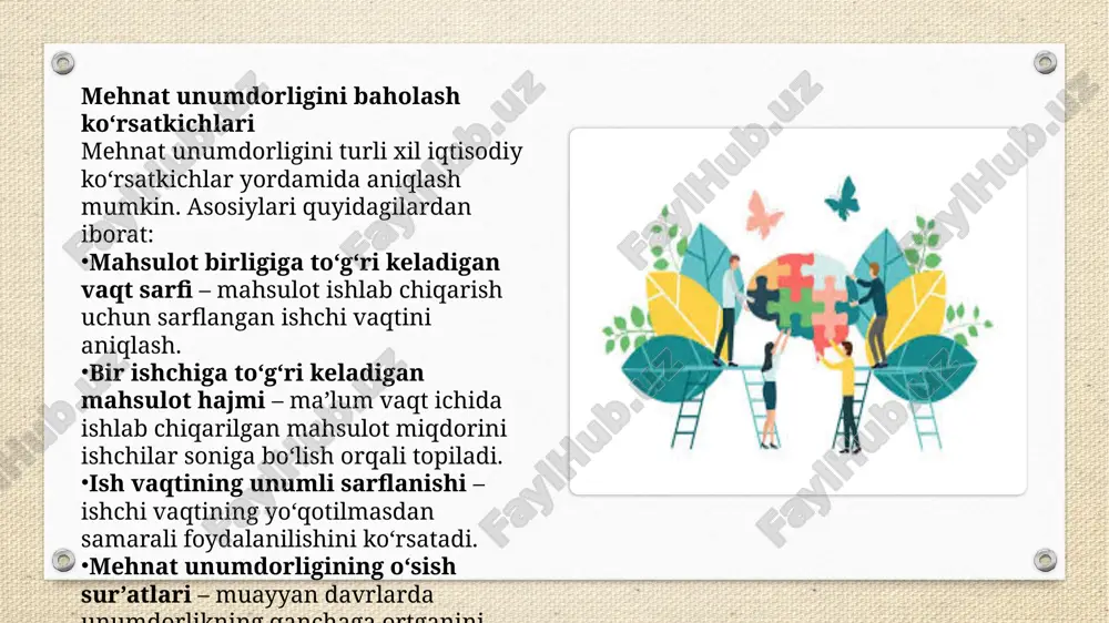 dan xodimlarning bilim va ko‘nikmalariga bog‘liq. yangi metodlarni o‘zlashtirish va ilg‘or tajribalarni qo‘llash mehnat samaradorligini orttiradi. 3. mehnatni tashkil etishni takomillashtirish ish joylarini to‘g‘ri tashkil qilish, mehnat sharoitlarini yaxshilash (yorug‘lik, havoning sifati, xavfsizlik, qulay mehnat vositalari) xodimlarning faoliyatini yengillashtiradi. ish jarayonida vaqtni tejash, ortiqcha harakatlarni kamaytirish orqali unumdorlik oshadi. mehnatning ixtisoslashtirilishi va kooperatsiyasi samaradorlikni sezilarli darajada oshiradi. 4. rag‘batlantirish tizimini rivojlantirish mehnat unumdorligi bevosita moddiy va ma’naviy rag‘batlantirish bilan bog‘liq. yaxshi ish haqi, bonuslar, mukofotlar xodimlarni yanada samarali ishlashga undaydi. rag‘batlantirishda adolatli tizimni qo‘llash, mehnatga qarab haq to‘lash muhim ahamiyat kasb etadi. 5. innovatsiyalarni keng joriy etish ilmiy-tadqiqot ishlari, yangiliklarni ishlab chiqarishga joriy etish, ilg‘or tajribalarni o‘rganish unumdorlikni oshiradi. innovatsion g‘oyalar mahsulot ishlab chiqarish hajmini ko‘paytiradi va raqobatbardoshlikni kuchaytiradi. 6. mehnat unumdorligini oshirish istiqbollari kelajakda sun’iy intellekt va raqamli texnologiyalarni ishlab chiqarishga keng joriy etish mehnat unumdorligini keskin oshiradi. yashil texnologiyalarni qo‘llash orqali resurslardan samarali foydalanish va barqaror rivojlanishga erishish …