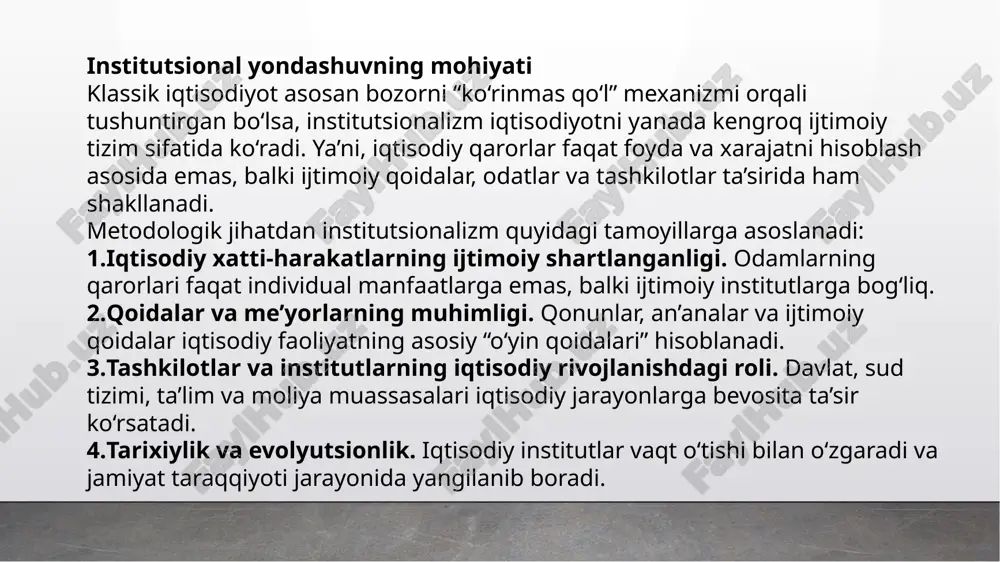 oslashtirish. qoidalar va standartlar bozor ishtirokchilariga ma’lumot beradi (masalan, moliyaviy hisobot talablari). ijtimoiy-iqtisodiy xulqni shakllantirish. an’analar, normalar va institutlar xulq-atvorni ijobiy yo‘naltirishi mumkin (masalan, ishbilarmonlik madaniyati, mehnat intizomi). 3.2. institutlarning o‘lchovlari va ular bilan bog‘liq iqtisodiy natijalar institutsional sifatni baholash uchun bir qator indikatorlar qo‘llanadi: mulk huquqi ta’minlanganligi, qonuniylik (rule of law), korrupsiyaga qarshi kurash darajasi, regulyator sifat va davlat boshqaruvi samaradorligi. tadqiqotlar (institutsional iqtisodiyot adabiyoti) shuni ko‘rsatadiki, yuqori sifatli institutlar investitsiyalar, mehnat unumdorligi va uzoq muddatli o‘sish bilan ijobiy bog‘liq. ayniqsa tranzitsion yoki past daromadli iqtisodiyotlarda institutsional yaxshilanishlar iqtisodiy o‘sish uchun katalizator vazifasini bajaradi. 3.3. o‘zbekiston iqtisodiyotida institutsional islohotlarning o‘rni (tahliliy nuqtai nazar) o‘zbekistonda (va boshqa tranzitsion mamlakatlarda) institutsional islohotlar quyidagi yo‘nalishlarda ijobiy ta’sir ko‘rsatadi: investitsion muhitni yaxshilash. mulk huquqi va kontraktlarni himoya qilish yaxshilanganda tashqi va ichki investitsiyalar ortadi. biznes yuritishni soddalashtirish. soliq va litsenziyalash jarayonlarini soddalashtirish kichik va o‘rta korxonalarni rag‘batlantiradi. davlat institutlarining samaradorligini oshirish. ma’lumotga asoslangan …