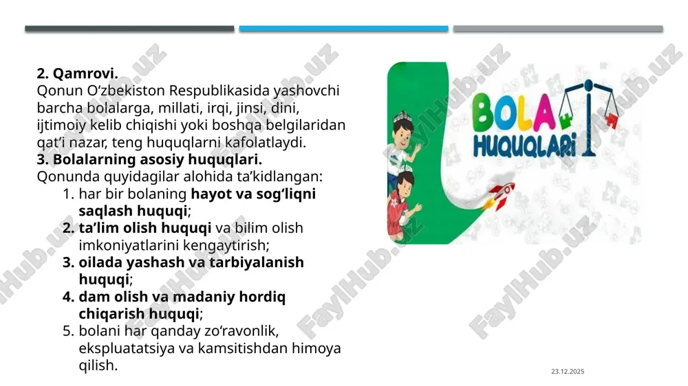 lish bo‘limlari faoliyat yuritadi; mahalla va oilani qo‘llab-quvvatlash tizimi orqali bolalar bilan bog‘liq muammolar mahalliy darajada hal qilinadi. ijtimoiy mexanizmlar. bolalar huquqlarini kafolatlashda jamiyatning roli ham beqiyosdir. ommaviy axborot vositalari, nodavlat notijorat tashkilotlari, turli jamoat fondlari bolalar huquqlarini keng targ‘ib qiladi, ularni himoya qilish bo‘yicha loyihalar amalga oshiradi. shu bilan birga, “mehribonlik uylari”, ixtisoslashtirilgan maktab-internatlar, ijtimoiy himoya markazlari orqali mehrsiz qolgan yoki nogironligi bo‘lgan bolalarga davlat va jamiyat yordami ko‘rsatilmoqda. 05.10.2025 xalqaro hamkorlik. bolalar huquqlarini kafolatlashda xalqaro tashkilotlar bilan hamkorlik ham muhim o‘rin tutadi. unicef, unesco kabi xalqaro tashkilotlar bilan qo‘shma dasturlar ishlab chiqilib, o‘zbekistonda bolalar manfaatlarini himoya qilishda qo‘llanilmoqda. xulosa qilib aytganda, bolalar huquqlarini kafolatlashning amaliy mexanizmlari — bu huquqiy, tashkiliy, ijtimoiy va xalqaro mexanizmlar birligi hisoblanadi. ularning uyg‘un ishlashi natijasida bolalar o‘z huquqlaridan erkin foydalanadi, himoya ostida bo‘ladi va jamiyatda to‘laqonli hayot kechirishi uchun barcha shart-sharoitlar yaratiladi. e’tiboringiz uchun raxmat! 05.10.2025 oʻzbekiston respublikasining qonuni "bolalar huquqining kafolati terisida" …
