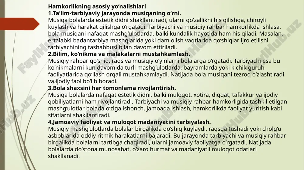 ikda faoliyat yuritadi. rag‘batlantirish usuli. bolalar musiqiy topshiriqlarni bajarayotganda ularni maqtash, qiziqarli belgilar berish, kichik sovg‘alar ulashish musiqaga bo‘lgan qiziqishni oshiradi. tarbiyachi va musiqiy rahbar buni birgalikda amalga oshiradi. tarbiyachi va musiqiy rahbar hamkorligining shakl va usullari musiqiy taʼlim jarayonini boyitadi, uni bolalar uchun yanada qiziqarli va samarali qiladi. bunday hamkorlik orqali bolalar musiqiy qobiliyatlarini rivojlantirish, qo‘shiq kuylash, raqs tushish va jamoada ishlash ko‘nikmalarini egallash imkoniyatiga ega bo‘ladilar. 3. hamkorlikning samaradorligini oshirish yo‘llari tarbiyachi va musiqiy rahbar o‘rtasidagi hamkorlikning samaradorligi ularning o‘zaro muloqotiga, faoliyatini muvofiqlashtirishiga va musiqiy ta’lim jarayonini bolalarning yosh xususiyatlari hamda qiziqishlariga mos tashkil etishiga bog‘liqdir. samarali hamkorlikni ta’minlash uchun bir qator yo‘llar mavjud. pedagogik muloqot va doimiy maslahatlashuv. tarbiyachi va musiqiy rahbar muntazam ravishda suhbatlashib, musiqiy mashg‘ulotlarning maqsadi, mazmuni va shakllarini muhokama qilishi zarur. ular birgalikda bolalarning qobiliyatlari, xulq-atvori va qiziqishlarini tahlil qilib, mos metod va usullarni tanlasalar, ta’lim samaradorligi ortadi. innovatsion va interfaol metodlardan foydalanish. zamonaviy …