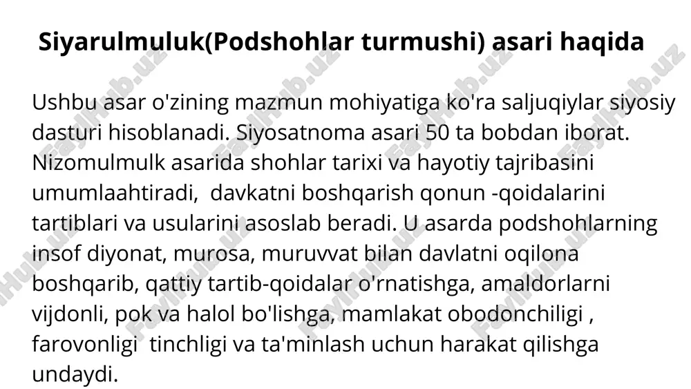 ar yoki hukumdorlargina tegishli emas. ular barcha jamiyat a'zolariga tegishlidir. shuning uchun ham tajribali, oqil, fozil kishilar bilan kengashlar va maslahatlar asosida siyosiy va boshqaruv qarorlari qabul qilish vositasidagina butun bir jamiyat barqarorligini ta'minlash va adolatni o'rnatish, faravon hayot qurish mumkin. xulosa e'tiboringiz uchun rahmat image1.png image2.png image3.svg image3.png image5.svg image4.png image7.svg /docprops/thumbnail.jpeg