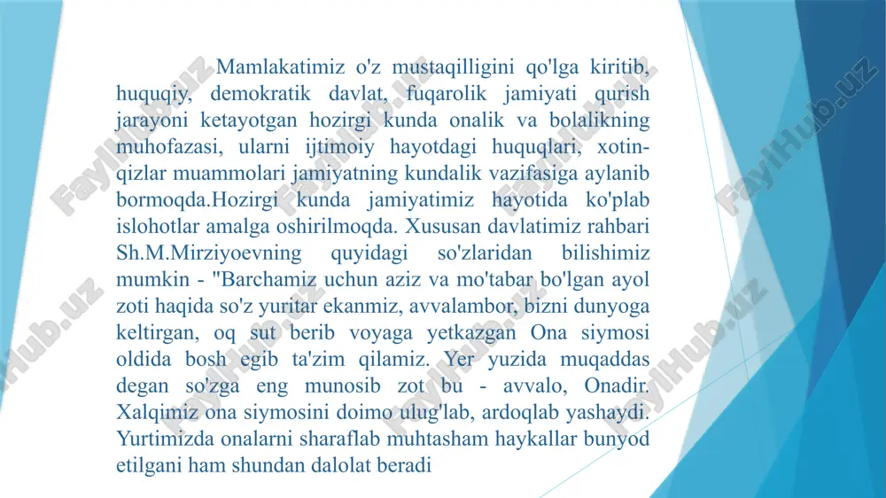 sonli hamda «xotin-qizlarning siyosiy huquqlari to'g'risidagi konvensiyaga qo'shilish haqida»gi 501 -sonli qarorlari qabul qilingan. o'zbekistonda ayollar huquqlarini ta'minlash tashkiliy -huquqiy mexanizmlarni va ularni amaliyotda amalga oshirish tartibotlarini yanada kuchaytirish, davlat organlari va fuqarolik jamiyati institutlarining bu boradagi sa'y-harakatlarini birlashtirish, ayollar huquqlarini himoya qilish masalalari bo'yicha aholining huquqiy madaniyatini oshirishga bog'liq. o'zbekiston konvensiya doirasida o'z zimmasiga olgan barcha majburiyatlarini izchil bajarishda davom etadi va kelajakda ham bmtning ayollar manfaatlariga oid barcha tashabbuslarini qo'llab-quvvatlaydi va davlatimiz tomonidan xotin-qizlarni har tomonlama qo'llab-quvvatlash, ularning iste'dod va intilishlarini yuzaga chiqarish uchun barcha sharoit yaratish borasida izchil ishlar olib borilmoqda. statistik ma'lumotlarga ko'ra, yurtimizdagi korxona va tashkilotlarda yollanib ishlovchi ayollarning ma'lumot darajasi 2015 yilda oliy 33,1 %, o'rta maxsus 48,6 %, o'rta va tugallanmagan o'rta ma'lumot 18,3 % ni tashkil qilgan bo'lsa, bu ko'rsatkich 2016 yilda oliy 33,7 %, o'rta maxsus 49,5 %, o'rta va tugallanmagan o'rta ma'lumot 16,8 % ni tashkil qilgan 2021 yil 7 …