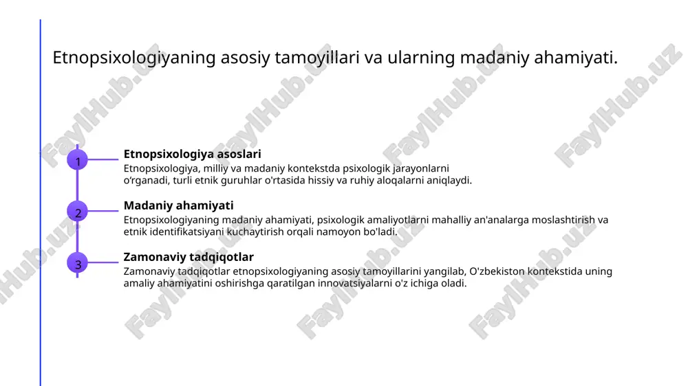 iyasi, ularning urf-odatlari, an'analari va tiliga asoslangan. bu identifikatsiya psixologik barqarorlikni ta'minlaydi. zamonaviy jarayonlar zamonaviy oʻzbekistonda madaniy identifikatsiya jarayonlari globalizatsiya va innovatsiyalar ta'sirida rivojlanmoqda, bu esa yangi psixologik yondashuvlarni keltirib chiqaradi. xulosa 1 etnopsixologiyaning ahamiyati - oʻzbekistonda etnopsixologiya, milliy identifikatsiya va madaniyatni o‘rganishda muhim rol o‘ynaydi, bu esa xalqimizning o‘ziga xosligini ta’kidlaydi. 2 madaniyat va identifikatsiya - oʻzbek madaniyatining o‘ziga xosligi tarixiy omillar va etnik xilma-xillik orqali shakllanadi, bu esa psixologik yondashuvlarga ta'sir ko‘rsatadi. 3 innovatsiyalar va tadqiqotlar - oʻzbekistondagi etnopsixologik tadqiqotlar yangi innovatsiyalar bilan to‘ldirilmoqda, bu esa psixologik amaliyotlarni takomillashtirishga xizmat qiladi. e'tiboringiz uchun rahmat! /docprops/thumbnail.jpeg