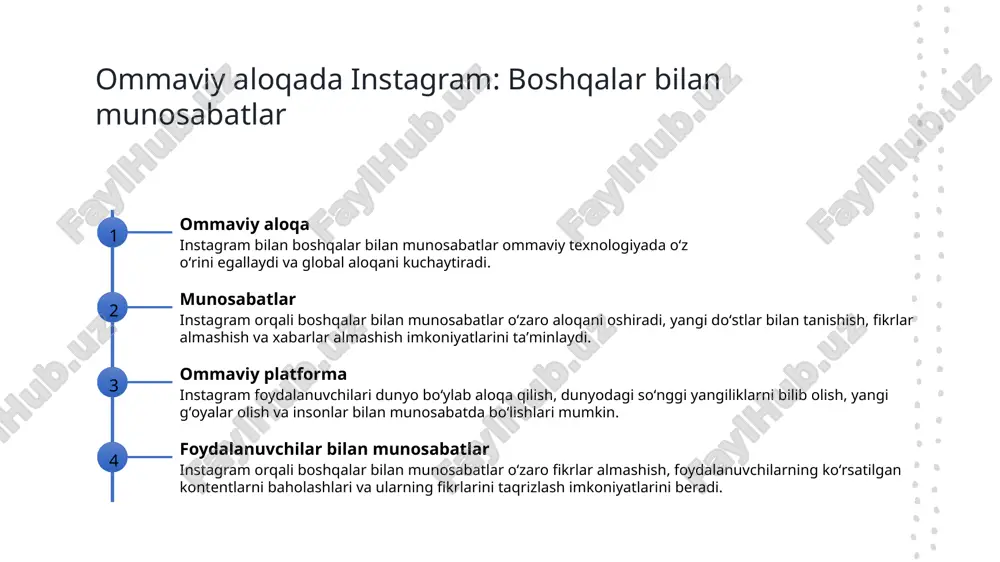 o'zbekistonda aloqa tuzishga imkon beradi va global o'zbek onlayn jamoalari uchun bir-biriga ulashish imkoniyatini yaratadi. madaniy ta'sir instagram o'zbekistondagi madaniy sohaga ta'sir ko'rsatadi va o'zbek axborot kommunikatsiyasi va ijtimoiy tarmoqni rivojlantiradi. online jamiyat instagram o'zbekistondagi foydalanuvchilar uchun onlayn jamiyatni yaratadi va uchraydi, jamiyatni bir-biriga yaqinlashtradi va aloqani kuchaytiradi. visual kontent instagram vizual kontentni o'zbek obro'lari bilan bog'laydi va o'zbek madaniyatini dunyoga taqdim etadi, madaniy ta'sirni kuchaytiradi va o'zini namoyish etadi. sotsial tarmoq va instagram munosabatlari 01 sotsial munosabatlar sotsial tarmoq orqali odamlar o'rtasidagi aloqalarni tashkil etish va rivojlantirishga oid muhim qo'llanma. instagram bu jarayonni oshirishda katta rol o'ynaydi. 02 ommaviy munosabatlar instagram global tarmoq sifatida dunyo bo'ylab odamlarni birlashtirish, rivojlantirish, va munosabatlar o'rnatishda o'rtacha vositalardan biridir. o'zbekistonda ham katta ommaviy ahamiyatga ega. 03 munosabatlar va marketing instagram muhitida tashqi munosabatlar va marketingning o'zaro bog'liqligini tushunish, kontentni to'g'ri qo'llash va doimiy ravishda obuna bo'lish muhimdir. oʻzbekistonning instagramga oʻrtacha oqimi 1 oʻrtacha …