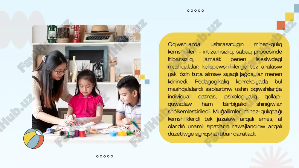 oqıwshılar bilimlerdi tek ǵana ózlestirip qoymastan, al olardı jańa ideyalar jaratıwda qollanıwdı da úyrenedi. bul bolsa pedagogikalıq korrekciyanıń nátiyjeliligin arttıradı hám oqıwshılardıń jeke rawajlanıwında úlken unamlı ózgerislerge alıp keledi. interaktiv metodlar oqıwshılardıń jeke hám sociallıq kemshiliklerin saplastırıwda áhmiyetli rol oynaydı. rol oyınları, treningler hám toparlıq shınıǵıwlar arqalı olar ózine isenim payda etedi, unamsız ádetlerden waz keshiwge háreket etedi hám unamlı minez-qulıqtı qáliplestiredi. sonıń menen birge, jámáátlik jumıslar oqıwshılarda juwapkershilik, birge islesiw hám qarım-qatnas mádeniyatın rawajlandıradı. interaktiv metodlardan paydalanıw pedagogikalıq korrekciyanıń nátiyjeliligin sezilerli dárejede arttıradı. sebebi olar oqıwshılardıń belsendiligin kúsheytedi, bilimlerdi bekkem ózlestiriwine járdem beredi hám jeke rawajlanıwına túrtki boladı. nátiyjede oqıwshılar tek ǵana kemshiliklerin jeńip ǵana qoymastan, al dóretiwshi, intaker hám jámietke beyimlesken shaxs sıpatında qáliplesedi. paydalanılǵan ádebiyat 1.zunnunov a., yuldoshev j. pedagogik mahorat va pedagogik texnologiya. - tashkent: fan, 2019. 2.xoliqov a., qodirov s. pedagogik texnologiyalar va interaktiv metodlar. - tashkent: "óqituvchi," 2020. 3.saidahmedov n. jana pedagogikalıq texnologiyalar. - …