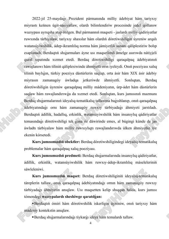 menen bir qatar ilimpazlar shuǵıllanıp kelgen. olardıń tiykarǵıları tómendegiler: a. nurmuxamedov - berdaqtıń ómiri hám dóretiwshilik jumısın talqılap, onıń qaraqalpaq xalıq poeziyasındaǵı ornın belgilegen; sh. aripov - shayırdaǵı sociallıq ádillik, erkinlik hám insanıylıq qádiriyatlar temasın úyrenip, shıǵarmalardıń tariyxıy kontekstin jarıtqan; t. orazova - berdaq lirikasındaǵı tábiyiy motivler hám psixologiyalıq portretlerdi talqılaǵan; s. qodirov - qaraqalpaq ádebiyatınıń rawajlanıwında berdaqtıń usılı hám temalarınıń áhmiyetin izertlegen; x. qosimov - berdaq shıǵarmalarınıń milliy ruwxıylıq hám watansúyiwshilik ruwxındaǵı tárbiyalıq áhmiyetin úyrenip, zamanagóy bilimlendiriw procesinde qollanılıwı máselesin jarıtqan. bul izertlewler berdaq dóretiwshiligin úyreniwde teoriyalıq hám metodologiyalıq tiykar bolıp xızmet etedi. sonıń menen birge, kurs jumısında ótkerilgen tallawlar burınǵı izleniwlerdi dawam ettirip, berdaq shıǵarmalarınıń ideyalıq-tematikalıq ózgesheliklerin zamanagóy ruwxıy kontekstte keńnen sáwlelendiriwge imkaniyat beredi. sonlıqtan, kurs jumısı ilimiy izertlew dárejesi menen analitikalıq, salıstırmalı hám ámeliy táreplerdi ózinde jámleydi, qaraqalpaq ádebiy miyrasın úyreniwde áhmiyetli máselelerdi sáwlelendiriwge xızmet etedi. kurs jumısımızdıń nátiyjeleri teoriyalıq hám ámeliy áhmiyeti: berdaq dóretiwshiligin úyreniwdiń teoriyalıq …