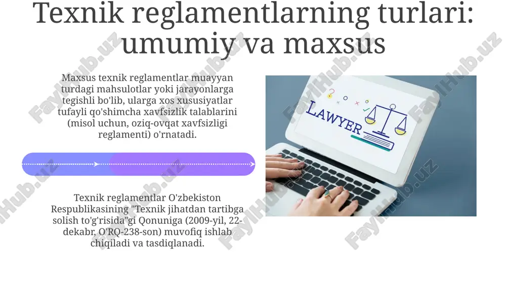 likni baholash jarayonlarining shaffofligini ta'minlash uchun 4 xil standartlashtirilgan ariza shakllarini ishlab chiqish zarur. texnik reglamentlarga rioya etilishini monitoring qilishning 12 oylik tizimini joriy etish orqali qoidalarga moslikni oshirish taklif etiladi. o'zbekistonda texnik jihatdan tartibga solish tizimi mahsulotning xavfsizligi va sifatini ta'minlash maqsadida, o'zbekistonda 40 dan ortiq texnik reglamentlar mavjud bo'lib, ular mahsulot turlari bo'yicha majburiy talablarni belgilaydi. texnik tartibga solish tizimi gost standartlaridan xalqaro standartlarga (iso, iec) o'tish jarayonini tezlashtiradi va 1200 dan ortiq gost standartlari bekor qilingan. texnik jihatdan tartibga solishning maqsadlari texnik tartibga solishning asosiy vazifasi iste'molchilarni himoya qilish, sifatsiz mahsulotlarning 30 foizdan ortiq bo'lgan ulushini kamaytirish va raqobatbardoshlikni oshirish hisoblanadi. texnik reglamentlar milliy xavfsizlikni ta’minlashga qaratilgan bo‘lib, bu 20 dan ortiq turli xil xatarlarni baholash va oldini olish mexanizmlarini o'z ichiga oladi. e'tiboringiz uchun rahmat @taqdimot_robot image5.jpg image6.jpg image7.jpg image8.jpg image9.jpg image10.jpg image11.jpg image12.jpg image13.jpg image14.jpg image15.jpg image16.jpg image17.jpg image18.jpg image19.jpg image20.jpg image21.jpg image1.jpeg image2.jpeg image3.jpeg