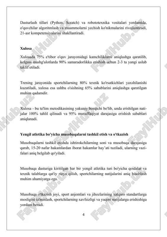 lan, tezlik) aniqlash muhim, bu sportchining fiziologik imkoniyatlariga mos bo'lishi kerak. individual yuklama dozalash sportchining yoshi, jinsi, tajribasi va joriy sport formasini hisobga olgan holda, mashg'ulot rejasini moslashtirishni anglatadi, maqsad - 100% natijaga erishish. muammoli vaziyatlar va ularni hal etish yo'llari muammoli vaziyatlarda noaniqlik darajasi 60% dan yuqori bo'lishi mumkin, bu esa 4 xil kognitiv strategiyani qo'llashni talab etadi. muammoli vaziyatlar, 1-darajali, ziddiyatli masalalarni o'z ichiga oladi, ularni hal qilishda o'quvchi 2 yoki undan ortiq yechimni tahlil qilishi kerak. vaziyatni hal etishning 3 asosiy yo'li bor: muammoni aniqlash, 5 bosqichli yechim ishlab chiqish va 7 ta mezon asosida eng yaxshisini tanlash. yengil atletika texnikasini o'rgatish metodlari metodikada, harakatning fazalarini (tayanch, asosiy harakat, yakuniy) tahlil qilish orqali 5-bosqichda xatolarni aniqlash va 6-bosqichda texnikani individual xususiyatlarga moslashtirish kerak. 3-bosqichda, takroriy mashqlar orqali harakatlar avtomatlashtiriladi, 4-bosqichda esa texnika o'zgaruvchan sharoitlarda qo'llaniladi, maqsad - 100% mukammallikka erishish. yengil atletika texnikasini o'rgatishda, 1-bosqichda harakatning umumiy …