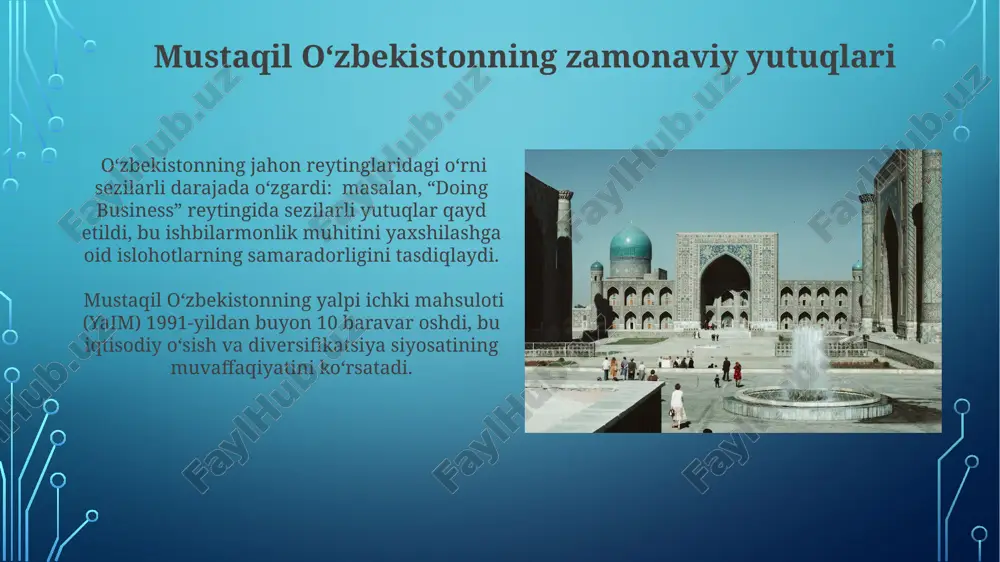 otlari etishtirish hajmi 30% ga ortdi, bu oziq-ovqat xavfsizligini ta'minlashda muhim ahamiyatga ega. 1991 yildan keyingi davrda uzbekistonning yaim o'sishi yillik o'rtacha 6-8% ni tashkil etdi, bu iqtisodiy o'sishga erishishda xususiylashtirish va bozor islohotlarining muhim rolni o'ynaganini ko'rsatadi. sovet ittifoqi davridagi oʻzbekiston sovet davrida oʻzbekiston paxta yetishtirish boʻyicha sssrda 1-oʻrinda turdi, bu iqtisodiyotning asosiy tarmogʻi boʻlib, shu bilan birga ekologik muammolarni ham keltirib chiqardi. oʻzbekiston ssr tarkibida 12 ta viloyat va qoraqalpogʻiston avtonom respublikasi mavjud boʻlib, har biri oʻziga xos iqtisodiy va ijtimoiy xususiyatlarga ega edi. milliy madaniyat va tilning rivojlanishi mustaqillikdan so'ng, 2000 dan ortiq madaniy meros obyektlarini tiklash va himoya qilish bo'yicha keng ko'lamli ishlar amalga oshirildi, bu milliy madaniyatni saqlashga xizmat qildi. o'zbekiston mustaqilligi davrida adabiyot, san'at va musiqa sohalarida 1000 dan ortiq yangi asarlar yaratildi, bu milliy madaniyatning boyishiga hissa qo'shdi. mustaqillikning eʼlon qilinishi va uning ahamiyati 1991-yil 31-avgustda mustaqillik deklaratsiyasi qabul qilinishi bilan oʻzbekiston jahon …