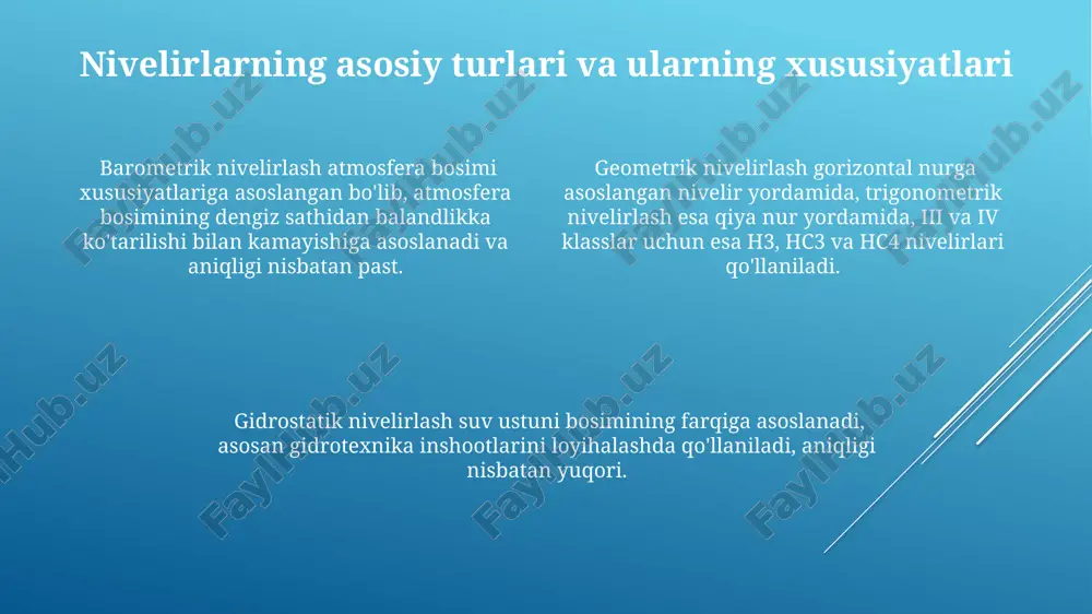 ri vazni tenglashtirish hisoblarini tekshirish uchun tugun nuqtalari boʻyicha tekshirish usuli ham qoʻllaniladi. tekshirish xatoligi ±0.3 mm dan oshmasligi kerak. ushbu tekshiruv usulida tenglashtirilgan nuqtalar boʻyicha absolut balandliklarni tekshirish amalga oshiriladi. nivelir to'rlarini tenglashtirishning asosiy usullari bitta tugun nuqtali nivelir to'rini tenglashtirishda, e nuqta ehtimoliy balandligini hisoblashda to'rtta yo'l bo'yicha aniqlangan balandlik qiymatlari va ularning vaznlari hisobga olinadi. ko'p nuqtalarni tenglashtirishda ekvivalent almashtirish usuli qo'llaniladi. bunda bir nechta yo'llarni bitta ekvivalent yo'l bilan almashtirib, hisoblar soddalashtiriladi va aniqlik oshiriladi. yolg'iz nivelir yo'lini tenglashtirishda ikkita ma'lum balandlikdagi nuqta orasidagi yo'l bo'yicha olingan o'rtacha nisbiy balandliklar yordamida e nuqtaning ehtimoliy balandligi aniqlanadi. geodeziya fanining asosiy tushunchalari geodeziya fanida turli xil geodezik asboblar, jumladan, nivelirlar, teodolitlar, elektron masofa o'lchagichlar va boshqa ko'plab zamonaviy texnologiyalar qoʻllaniladi. ularning aniqligi va ishlash printsiplari turlicha. geodeziya yer yuzasining shaklini va oʻlchamlarini, shuningdek, yerning tortish maydonini aniqlash bilan shugʻullanadigan fan boʻlib, u 1:10000 dan 1:300000 gacha masshtabli topografik …
