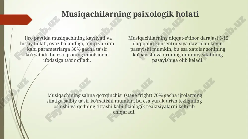laydi. yangi texnologiyalar orqali yaratilgan 3d audio muhit, kontsert maydonchalari akustikasini 10 barobargacha yaxshilaydi va musiqachilarning ijrosini 20% gacha yaxshilaydi. improvizatsiya va muhit 20 kishilik auditoriyadagi jimjitlik va 500 kishilik konsert zalidagi shovqin improvizatsiya uslubiga turlicha ta’sir ko‘rsatib, ijrochining ijodiy qarorlariga turlicha yondashuvlarni keltirib chiqaradi. improvizatsiya jarayonida atrof-muhitning akustik xususiyatlari, masalan, 60-100 hz oralig‘idagi past chastotalarning ta’siri ijrochining ohang va ritm tanloviga sezilarli darajada ta’sir qiladi. improvizatsiyaning dinamik diapazoni (masalan, 40 db dan 100 db gacha) atrof-muhitning shovqin darajasi bilan bevosita bog‘liq bo‘lib, bu esa ijrochining ifoda vositalarini tanlashga ta’sir qiladi. iqlimiy sharoitlar yuqori harorat (30°c dan yuqori) nafasli cholgʻularning intonatsiyasiga salbiy taʼsir koʻrsatishi mumkin, chunki issiq havo ularning akustik xususiyatlarini oʻzgartiradi. iqlimning namligi 60-80% oraligʻida boʻlganda, torli cholgʻularning tovushi yanada aniqroq va boyroq boʻladi, chunki namlik yogʻochning rezonans xususiyatlariga taʼsir qiladi. shamolning tezligi 15 m/s dan oshganda ochiq havoda oʻtkaziladigan konsertlarning tovush sifati sezilarli darajada pasayadi, chunki shovqin darajasi …