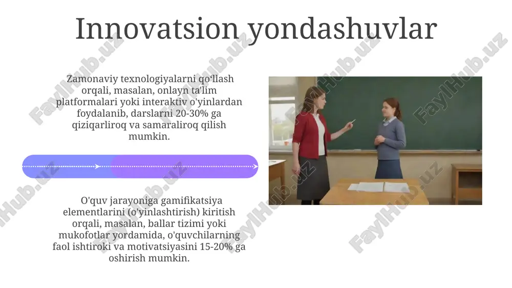 sh, kamida har 1-2 haftada individual muloqot o'tkazish, shaxsiy rivojlanish bo'yicha rejalashtirishni o'z ichiga oladi. vaqtni samarali boshqarish sinfdagi faoliyatlarni xilma-xil qilib, turli o'quv usullarini (individual, guruhli, interaktiv) qo'llang. bu talabalarning diqqatini 45 daqiqadan ko'proq ushlab turishga imkon beradi. dars jadvalini 5-10 daqiqali tanaffuslar bilan rejalashtiring, bu miya faoliyatini tiklash va stressni kamaytirishga yordam beradi, shuningdek, o'quv jarayonini samaraliroq qiladi. kollektivdagi munosabatlar pedagogik kengashlarda har bir o'qituvchining fikrini hurmat qilish va kamida 10 daqiqa vaqt ajratib, muloqot madaniyatini rivojlantirishga e'tibor qaratish kerak. o'qituvchilar jamoasida kamida 3 ta yillik tajribaga ega bo'lgan 2 nafar o'qituvchidan iborat mentorlik dasturi samaradorligini oshirishga qaratilgan loyihalarni qo'llab-quvvatlash muhim ahamiyat kasb etadi. e'tiboringiz uchun rahmat @taqdimot_robot image4.jpg image5.jpg image6.jpg image7.jpg image8.jpg image9.jpg image10.jpg image11.jpg image12.jpg image13.jpg image14.jpg image15.jpg image16.jpg image17.jpg image18.jpg image19.jpg image20.jpg image1.jpeg image2.jpeg image3.jpeg