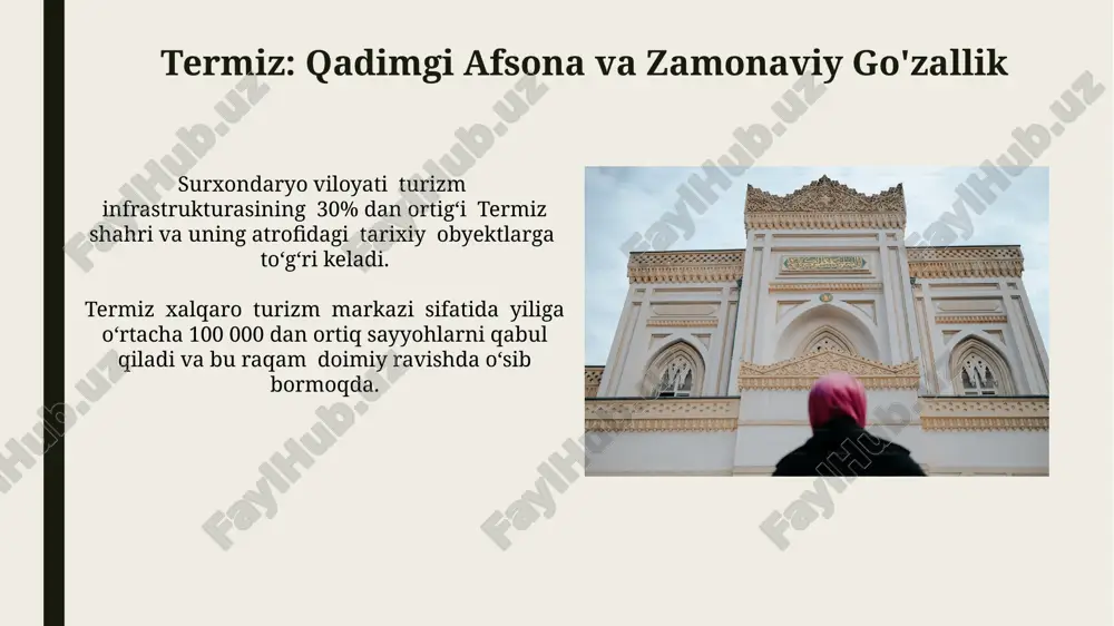 ipak matolari) ishlab chiqariladi va mamlakat ichida va xalqaro miqyosda sotiladi, bu shahar iqtisodiyotining muhim qismini tashkil etadi. qizilqum cho'li qizilqumda arxeologik topilmalar, jumladan, qadimgi shahar xarobalari va qadimiy yo'llar mavjud bo'lib, ular mintaqaning boy tarixini aks ettiradi. cho'lda 200 dan ortiq turdagi qushlar, jumladan, noyob va yo'qolib borayotgan turlar yashaydi, bu esa uning bioxilma-xilligini namoyon etadi. e'tiboringiz uchun rahmat @taqdimot_robot image1.jpg image2.jpg image3.jpg image4.jpg image5.jpg image6.jpg image7.jpg image8.jpg image9.jpg image10.jpg image11.jpg image12.jpg image13.jpg image14.jpg image15.jpg image16.jpg image17.jpg