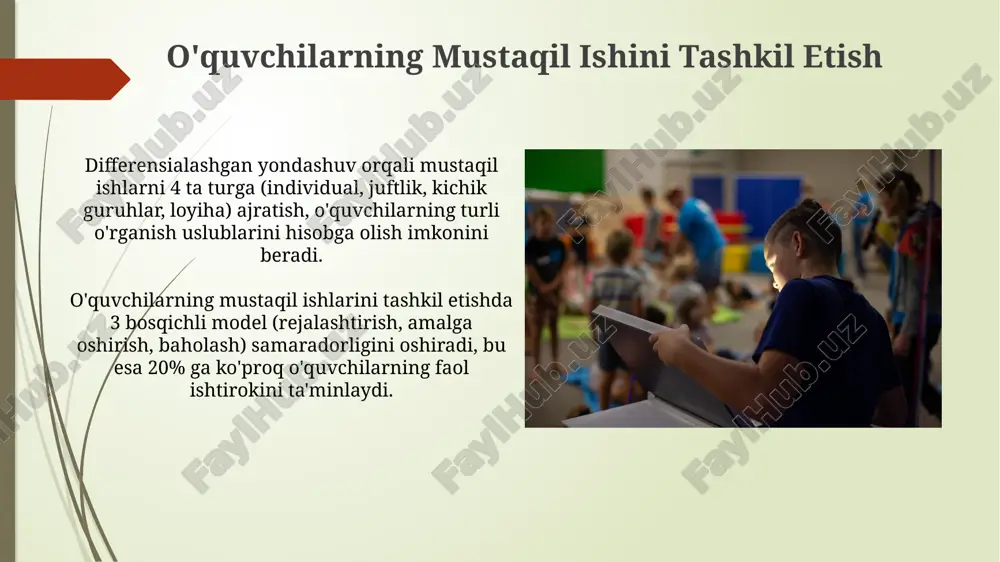 r uchun ham qulay qiladi. zamonaviy pedagogik yondashuvlar zamonaviy pedagogik yondashuvlarda 5 ta asosiy o'quv uslubi, shu jumladan, hamkorlikda o'rganish, loyihalar ustida ishlash va mustaqil o'rganish kabi usullarni qo'llash samaradorligini oshirishga qaratilgan tadqiqotlar o'tkazilgan. interaktiv o'quv vositalaridan foydalanish, masalan, simulyatsiya va o'yinlar orqali o'quv jarayonini 30% ga qadar qiziqarli va samaraliroq qilish mumkin. interfaol o'qitish uslublari samarali interfaol o'qitish uchun kamida 20% vaqt talabalarga mustaqil yoki guruhda amaliy topshiriqlarni bajarishga ajratilishi kerak. bu bilimlarni mustahkamlashga yordam beradi. interfaol o'qitish uslublari, masalan, "aqliy hujum" (brainstorming) yoki "guruhlarda ishlash" kabi 5 tadan ortiq turli faoliyatlarni o'z ichiga oladi va talabalarning faol ishtirokini ta'minlaydi. kelajakdagi rejalar va tavsiyalar kelajakdagi rejalarga 5 yillik strategik reja kiritishni, innovatsion pedagogik usullarni qo‘llashni va o‘qituvchilarning malakasini oshirishga 15% byudjet ajratishni taklif qilamiz. ta'lim jarayonini raqamlashtirish bo‘yicha 3 bosqichli loyihani amalga oshirish, shuningdek, interaktiv o‘quv resurslarini yaratish va ularni 1000 dan ortiq o‘quvchiga taqdim etish rejalashtirilgan. e'tiboringiz uchun …