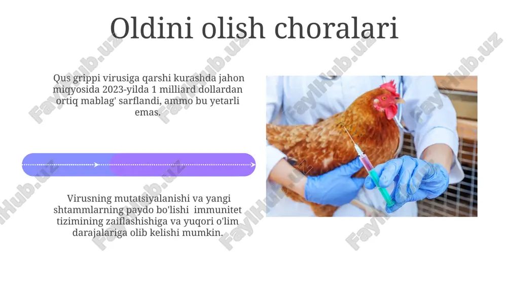 akatni birlashtirgan jahon sog'liqni saqlash tashkiloti (jsst) kabi global tashkilotlar orqali amalga oshiriladi. parranda grippining iqtisodiy ta'siri kasallikning tarqalishi tufayli eksport va import operatsiyalari qiyinlashdi, bu esa mamlakatlararo savdo aylanmasining sezilarli darajada kamayishiga va milliy iqtisodiyotga salbiy ta'sir koʻrsatdi. parranda grippi tufayli jahon bozorida tovuq goʻshti narxining 15-20% ga koʻtarilishi kuzatildi, bu esa iste'molchilarning xarid qobiliyatiga salbiy ta'sir koʻrsatdi va oziq-ovqat xavfsizligi muammolarini keltirib chiqardi. kasallikning klinik belgilari ba'zi hollarda, kasallikning og'ir shaklida, parrandalarda asab tizimi faoliyatining buzilishi, falaj holatlari va oyoq-qo'llarning zaiflashuvi kuzatiladi. bu o'limga ham olib kelishi mumkin. qus grippi bilan kasallangan parrandalarda tana haroratining 41-43°c gacha ko'tarilishi, shuningdek, nafas olishning tezlashuvi va burundan suyuqlik oqishi kabi alomatlar kuzatiladi. e'tiboringiz uchun rahmat @taqdimot_robot image4.jpg image5.jpg image6.jpg image7.jpg image8.jpg image9.jpg image10.jpg image11.jpg image12.jpg image13.jpg image14.jpg image15.jpg image16.jpg image17.jpg image18.jpg image19.jpg image20.jpg image1.jpeg image2.jpeg image3.jpeg