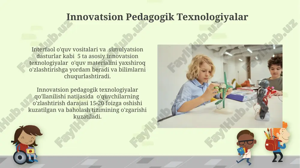 htirilmoqda. kelajakdagi rejalarga 5 yillik strategik reja kiritishni, 20%ini innovatsion texnologiyalarni qo'llashga, qolgan 80%ini an'anaviy usullarni takomillashtirishga bag'ishlashni taklif qilamiz. interaktiv o’qitish usullari "simulyatsiya" usuli talabalarga hayotiy vaziyatlarni 2-3 skenariy bo'yicha modellashtirish orqali, amaliy ko'nikmalarni rivojlantirish va muammolarni hal qilish qobiliyatini oshirishga imkon beradi. "hamkorlikdagi o'rganish" (cooperative learning) texnologiyalari, 4-5 kishilik guruhlarda 3-4 bosqichli topshiriqlarni bajarib, talabalarning o'zaro hamkorlik va birgalikda ishlay olish ko'nikmalarini rivojlantiradi. innovatsiyalarni joriy etishdagi muammolar innovatsiyalarni joriy etishda pedagogik xodimlarning 30% dan ortig'i yetishmovchi raqamli savodxonlikka ega bo'lib, bu yangi texnologiyalarni samarali qo'llashni qiyinlashtiradi. pedagogik innovatsiyalarni baholashning aniq mezonlari va tizimining yo'qligi, 70% hollarda ob'ektiv natijalarni olishni va samaradorlikni aniqlashni murakkablashtiradi. e'tiboringiz uchun rahmat @taqdimot_robot image6.jpg image7.jpg image8.jpg image9.jpg image10.jpg image11.jpg image12.jpg image13.jpg image14.jpg image15.jpg image16.jpg image17.jpg image18.jpg image19.jpg image20.jpg image21.jpg image22.jpg image1.png