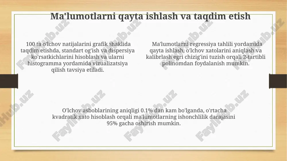 ing og'irliklarini taqqoslash natijasida, 0,1g farq aniqlangan, bu o'lchov aniqligiga ta'sir qiladi. 100 ml hajmdagi o'lchov silindrini kalibrlashda, 98 ml suv quyib tekshirildi va 2 ml xato aniqlandi, bu 2% nisbiy xato demakdir. o'lchov asboblarining xususiyatlari o'lchov asbobining aniqligi ±0,5 mm dan oshmasligi kerak, bu uning o'lchashdagi xatolik chegarasini belgilaydi va standartlarga muvofiqligini ko'rsatadi. asbobning o'lchash diapazoni 0 dan 100 mm gacha, bu uning qaysi o'lchamdagi buyumlarni o'lchashga mo'ljallanganligini bildiradi. ba'zi asboblar 0,01 mm gacha bo'lgan yuqori aniqlikka ega, bu ularni nozik mexanika va mikroelektronika sohalarida qo'llash imkonini beradi. kalibrlash usullari kalibrlash jarayonida ma'lum bir parametrlar bo'yicha kamida 3 marta takrorlanuvchi o'lchashlar o'tkazish va ularning o'rtacha qiymatini, standart og'ishini hisoblash orqali aniqlikni baholash muhim hisoblanadi. kalibrlashda ma'lum bir standartga nisbatan o'lchov asbobining aniqligini tekshirish uchun 10 dan ortiq namunalarni o'lchash va o'rtacha qiymatni hisoblash kerak, natijalarni statistik tahlil qilish orqali xatolik chegaralarini aniqlash mumkin. o'lchov vositalarini kalibrlashda ishlatiladigan standartlarning sertifikatlash …