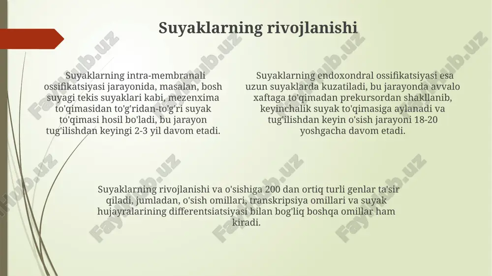 to'qimalar bo'lib, bo'g'imlarning barqarorligini ta'minlaydi va haddan tashqari harakatlarni oldini oladi. ularning soni va joylashuvi har bir bo'g'im uchun individualdir. bo'g'im kapsulasi, ikki suyakni bir-biriga bog'laydigan tolali birikma to'qimasidan iborat bo'lib, uning ichki qatlami sinovial membrana deb ataladi va sinovial suyuqlik hosil qiladi, bu esa ishqalanishni kamaytiradi va harakatlanishni yaxshilaydi. bo'g'im kapsulasi va ligamentlarning yaxlitligi bo'g'imning normal funksiyasi uchun juda muhimdir. masalan, tizza bo'g'imida 4 ta asosiy ligament mavjud bo'lib, ularning shikastlanishi og'riq va harakat cheklanganligiga olib kelishi mumkin. harakatlanuvchi bo'g'imlar (sinovial bo'g'imlar) bo'g'im kapsulasining mustahkamligi va elastikligi bo'g'imning barqarorligida muhim rol o'ynaydi, bu kapsula fibroz qatlam va sinovial membrana dan iborat bo'lib, to'qimalarning 2 turi birlashgan. sinovial bo'g'imlarning ichki yuzasi sinovial suyuqlik bilan qoplanadi, bu suyuqlik bo'g'imlarning silliq harakatlanishiga va ishqalanishni kamaytirishga yordam beradi, 2-3 ml miqdorda bo'ladi. harakatlanuvchi bo'g'imlarning 6 turi mavjud bo'lib, ularning har biri o'ziga xos tuzilishi va harakat doirasiga ega: sharsimon, aylanma, egarsimon, sharnirsimon, tekis …