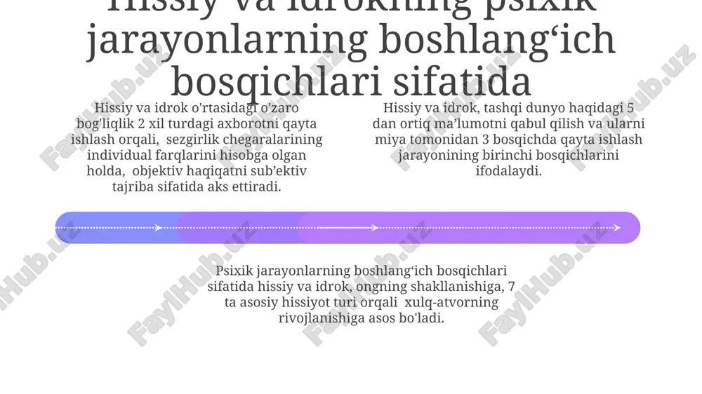 i qabul qilib, tana holatini, harakatlarini va mushaklarning kuchini aniqlashga imkon beradi, bu 3 oʻlchovli fazoda harakatlarni muvofiqlashtirish uchun juda muhimdir. eksteroseptiv hissiyotlar eksteroseptiv hissiyotlar 5 ta asosiy turga bo'linadi: ko'rish, eshitish, hid bilish, ta'm bilish va teginish hissiyotlari, ular tashqi dunyodan keladigan ma'lumotlarni qabul qilish va qayta ishlashda muhim rol o'ynaydi. eksteroseptiv hissiyotlarning modalitasi (turi) va intensivligi (kuchi) sezgir retseptorlarning turli xil qo'zg'alishlariga bog'liq bo'lib, bu 10 dan ortiq turli xil o'lchov shkalalari bilan o'lchanishi mumkin. inson miyasi ekstroseptiv hissiyotlarni qayta ishlashda parallel ravishda bir nechta sezgilarni birlashtirib, holatni 3 o'lchamli tasvirini yaratadi, bu esa atrof-muhit bilan samarali o'zaro ta'sir o'rnatishga yordam beradi. hissiyotlarning klassifikatsiyasi: modallik boʻyicha add text add text add text add text add text add text proprioseptiv hissiyotlar (mushaklarning holatini va harakatini sezish) va vestibulyar hissiyotlar (muvozanatni saqlash) kabi 2 ta ichki hissiyotlar guruhi ham mavjud boʻlib, ular tananing fazoviy holatini aniqlashda muhim rol oʻynaydi. nosiseptorlar …