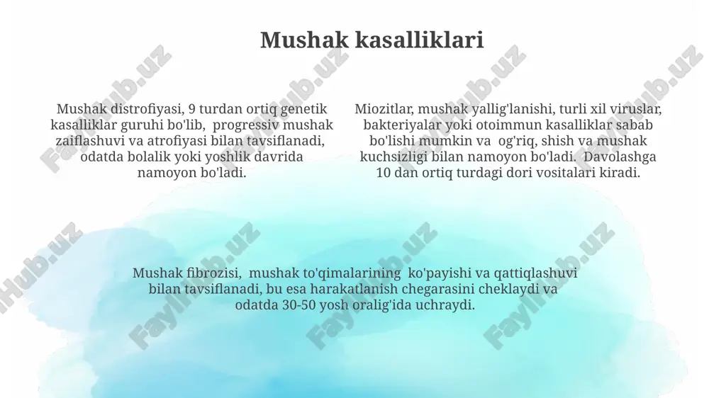 qin sekund davom etadigan sekin va uzoq muddatli qisqarishni ta'minlaydi. ekstrasellulyar matriksning ahamiyati ekstrasellulyar matriks to'qimalarning 60-80% ini tashkil qiladi va hujayralarni mexanik himoya qilish, ularning o'sishi va differensiatsiyasi uchun muhim omil hisoblanadi. ekstrasellulyar matriksdagi glikoproteinlar va proteoglikanlar hujayralararo signalizatsiya jarayonlarida ishtirok etib, hujayralar faoliyatini tartibga soladi, masalan, 200 dan ortiq turdagi proteoglikanlar ma'lum. ekstrasellulyar matriks tarkibidagi kollagen va elastin tolalari to'qimaning mustahkamligini va elastikligini ta'minlaydi, masalan, suyak to'qimasida 90% gacha kollagen mavjud. bog'lovchi to'qima turlari ko'plab bog'lovchi to'qimalar, masalan, elastik tolalarga boy ligamentlar va tendonlar, 5-10% elastiklikni ta'minlovchi elastin oqsiliga ega bo'lib, tananing moslashuvchanligini ta'minlaydi. suyak to'qimasi, biriktiruvchi to'qimaning ixtisoslashgan turi bo'lib, osteotsitlar deb ataluvchi 20-30% hujayralar va qolgan qismi mineralizatsiyalangan ekstrasellular matritsadan iborat. bog'lovchi to'qimalarning 4 asosiy turi mavjud: biriktiruvchi, to'qima, qon, limfa, ularning har biri o'ziga xos hujayra va tolali tarkibiga ega. ko'ndalang-targ'il mushak to'qimasi ko'ndalang-targ'il mushak to'qimasining qisqarishi ca2+ ionlarining sitoplazmaga chiqishi va aktin va miozin …