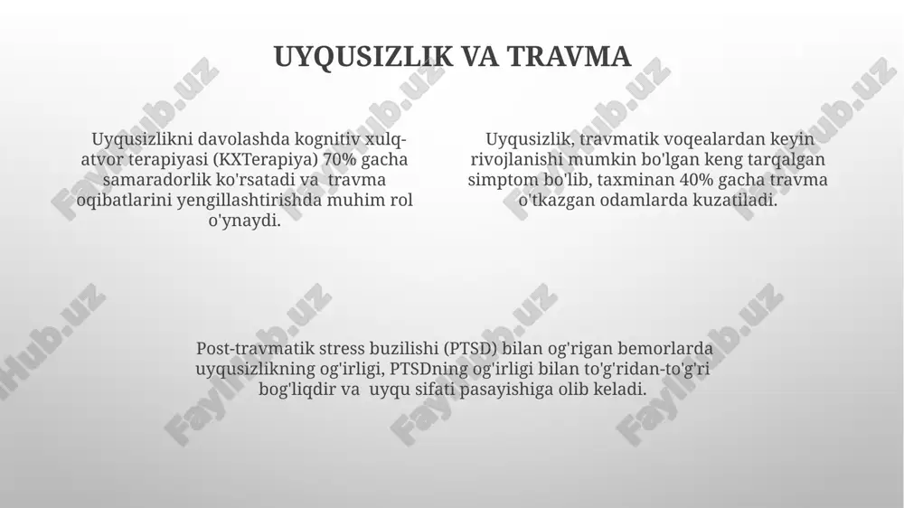 kabi 30 dan ortiq turdagi buzilishlarning alomatlarini kamaytirishda samarali yondashuv hisoblanadi. travmaning davolash usullari travma keyin yuzaga keladigan og'riqni boshqarishda analjeziklar, masalan, nsaidlar yoki opioidlar, 1-3 kun ichida qo'llaniladi, shuningdek, fizioterapiya va 2-4 hafta davom etadigan reabilitatsiya dasturlari qo'llaniladi. suyak sinishi kabi og'ir travmalarda jarrohlik aralashuvi, masalan, osteosintez yoki artroplastika, 90% hollarda talab qilinishi mumkin va jarrohlikdan keyingi 6-8 haftalik reabilitatsiya jarayoni muhim ahamiyat kasb etadi. yumshoq to'qimalarning shikastlanishiga qarab, 3-6 hafta davomida gips bog'lamlari, bandajlar va immobilizatsiya vositalari qo'llanilishi mumkin; shuningdek, yallig'lanishga qarshi va og'riq qoldiruvchi vositalar bilan davolash qo'llaniladi. travmaning organizmga ta'siri travmaning og'irligi jarohatning chuqurligi, kengligi va organizmning himoya mexanizmlarining faolligiga bog'liq bo'lib, 5 ta asosiy darajaga bo'linadi. travma organizmning 20 dan ortiq organ va sistemasiga, shu jumladan markaziy nerv sistemasiga, yurak-qon tomir tizimiga va nafas olish tizimiga salbiy ta'sir ko'rsatishi mumkin. og'ir travmalar 30% gacha o'limga olib kelishi mumkin, qolganlari esa uzoq muddatli nogironlik va surunkali …