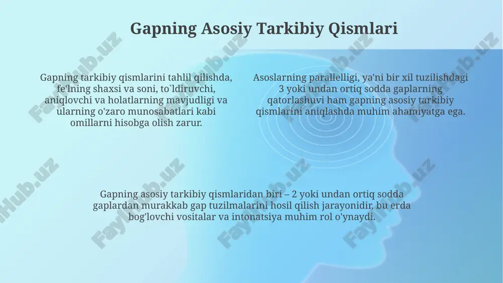 ini va ohangini 2-3 baravar kuchaytiradi. ushbu usul 3 dan ortiq homogen a'zolarni birlashtirganda samaraliroq bo'lib, bir xil so'z turkumlari yoki grammatik funksiyalari bilan ifodalanadi. parallel konstruktsiyalar, asosan, takrorlanishlar va antitezalar bilan birgalikda qo'llanilib, ta'sirchanlikni 10-15% ga oshiradi, lekin haddan tashqari qo'llanilishi zerikarli ta'sir qoldirishi mumkin. e'tiboringiz uchun rahmat @taqdimot_robot image1.png
