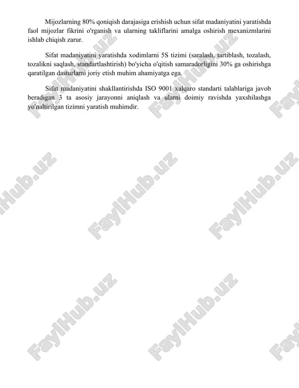 blash, tozalash, tozalikni saqlash, standartlashtirish) bo'yicha o'qitish samaradorligini 30% ga oshirishga qaratilgan dasturlarni joriy etish muhim ahamiyatga ega. sifat madaniyatini shakllantirishda iso 9001 xalqaro standarti talablariga javob beradigan 3 ta asosiy jarayonni aniqlash va ularni doimiy ravishda yaxshilashga yo'naltirilgan tizimni yaratish muhimdir. 📌xulosa sifat menejmenti tashkilot samaradorligini oshirish, xatolarni kamaytirish va mijozlarning ehtiyojlarini to'liq qondirishda muhim omil hisoblanadi. u samarali ishlash va raqobatbardoshlikni ta'minlaydi. 📚foydalanilgan adabiyotlar 1. juran, j. m. (2000). juran on leadership for quality: an executive handbook. mcgraw-hill. (sifatga rahbarlik bo'yicha juran: boshqaruvchilar uchun qo'llanma. mcgraw-hill.) 2. crosby, p. b. (1979). quality is free: the art of making quality certain. mcgraw-hill